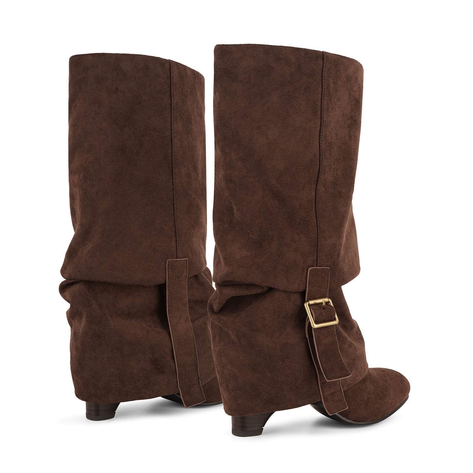 Suede Ruched Buckle Wedge Heel Mid-Calf Boots