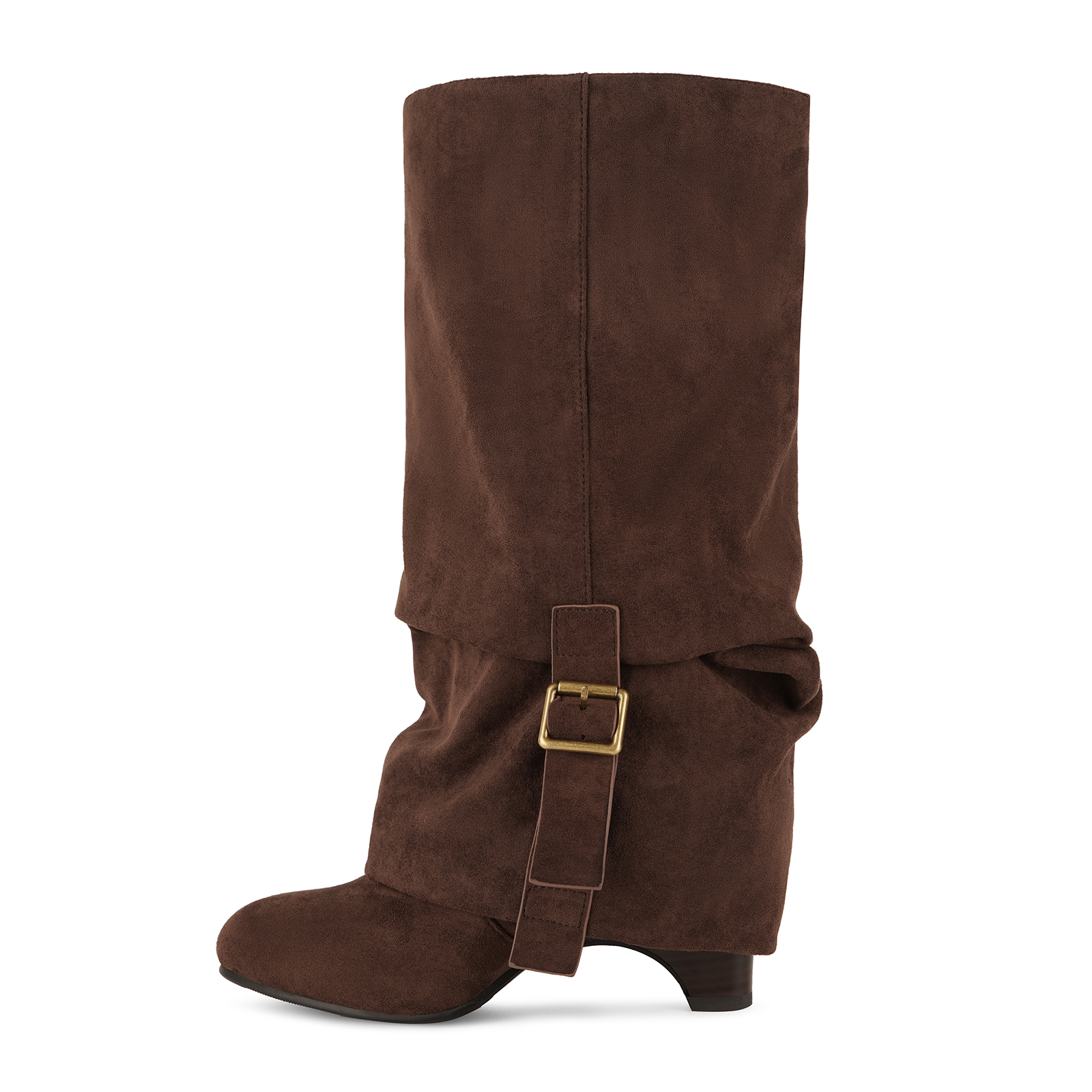 Suede Ruched Buckle Wedge Heel Mid-Calf Boots