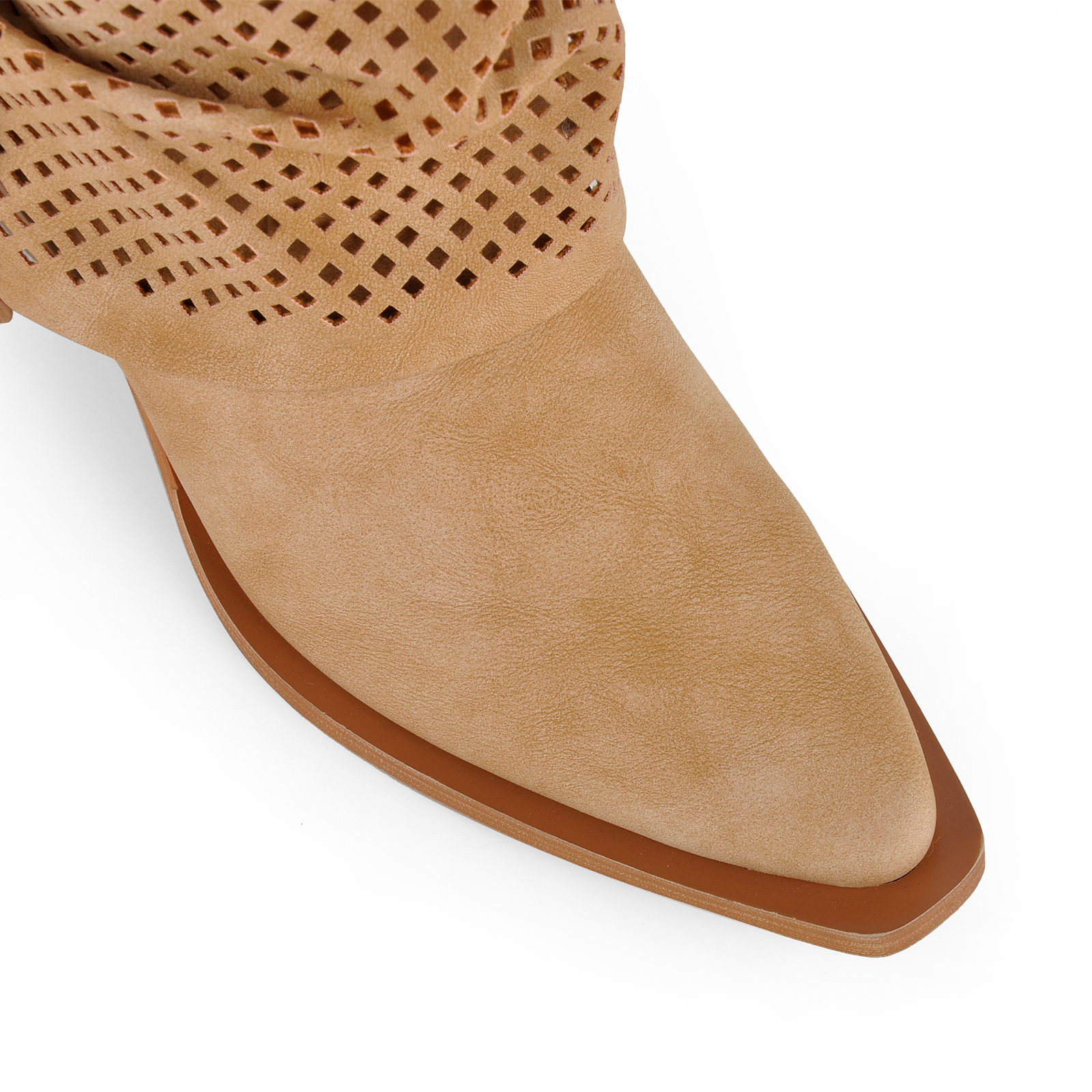 Pointed Toe Perforated Buckle Western Mid-Calf Boots