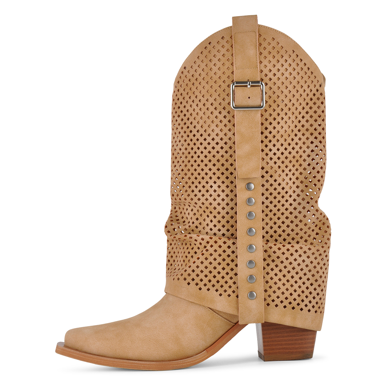 Pointed Toe Perforated Buckle Western Mid-Calf Boots
