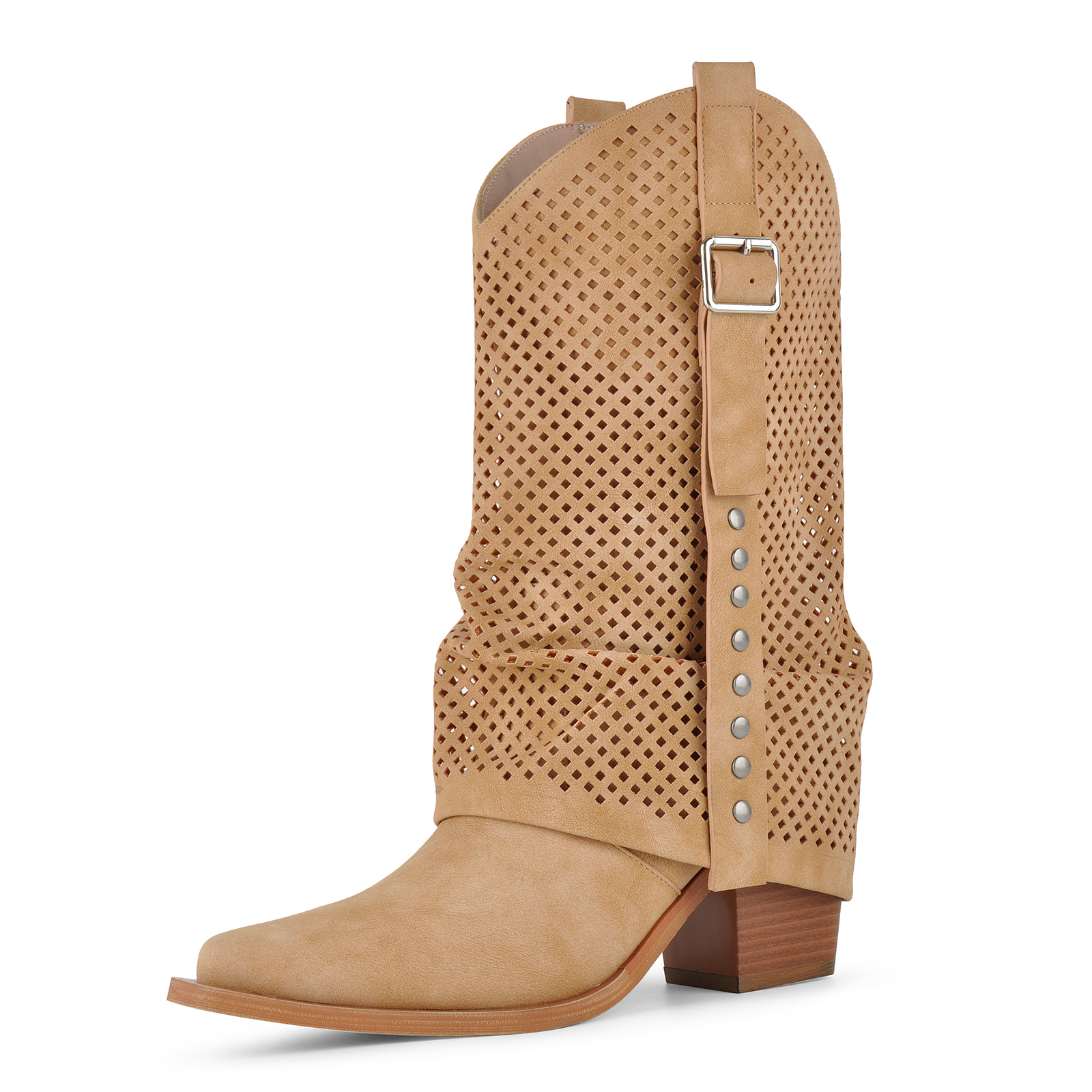 Pointed Toe Perforated Buckle Western Mid-Calf Boots
