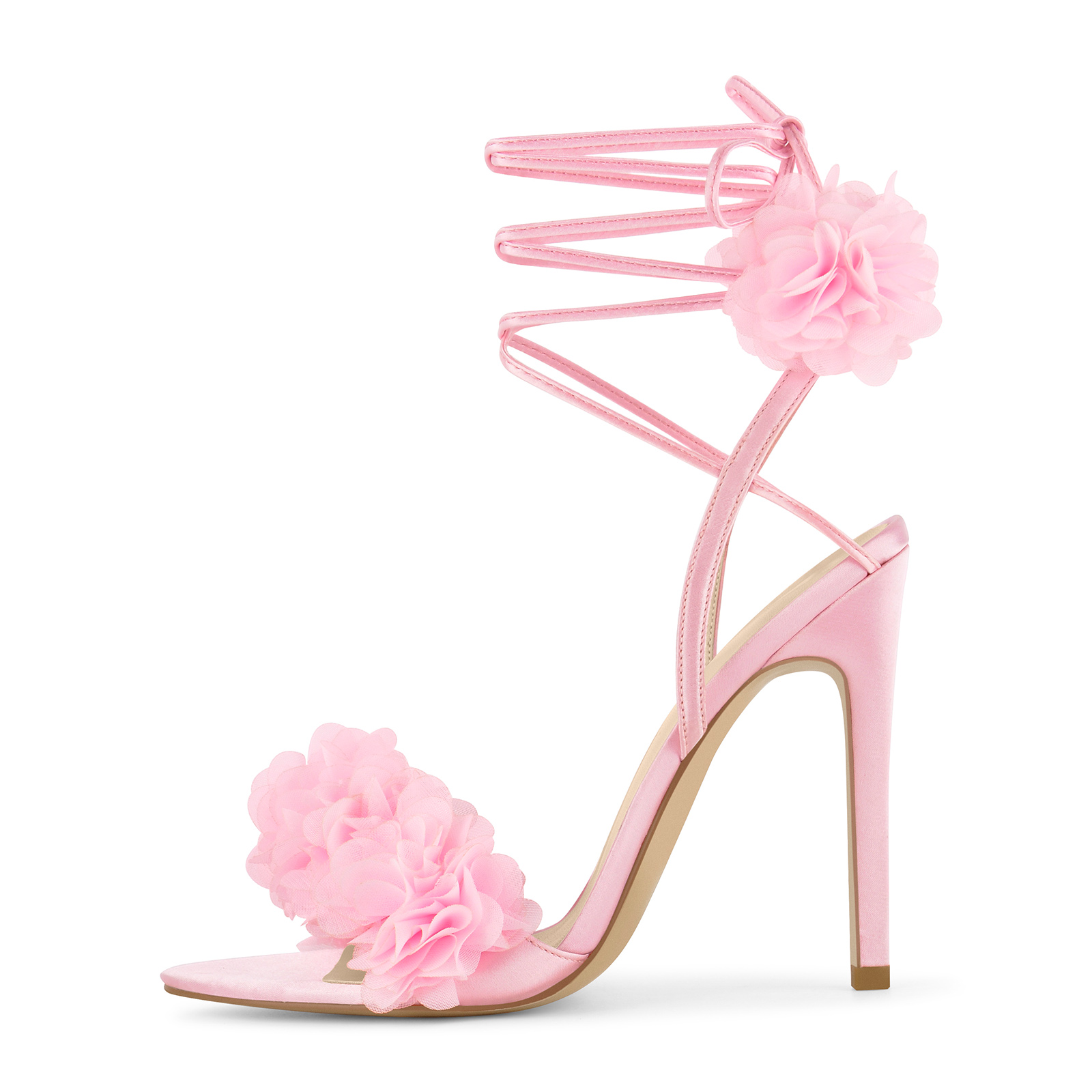 Pointed Toe Satin Flower Wrap Lace-up Sandals