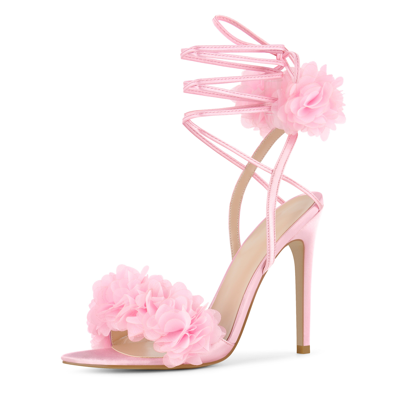 Pointed Toe Satin Flower Wrap Lace-up Sandals