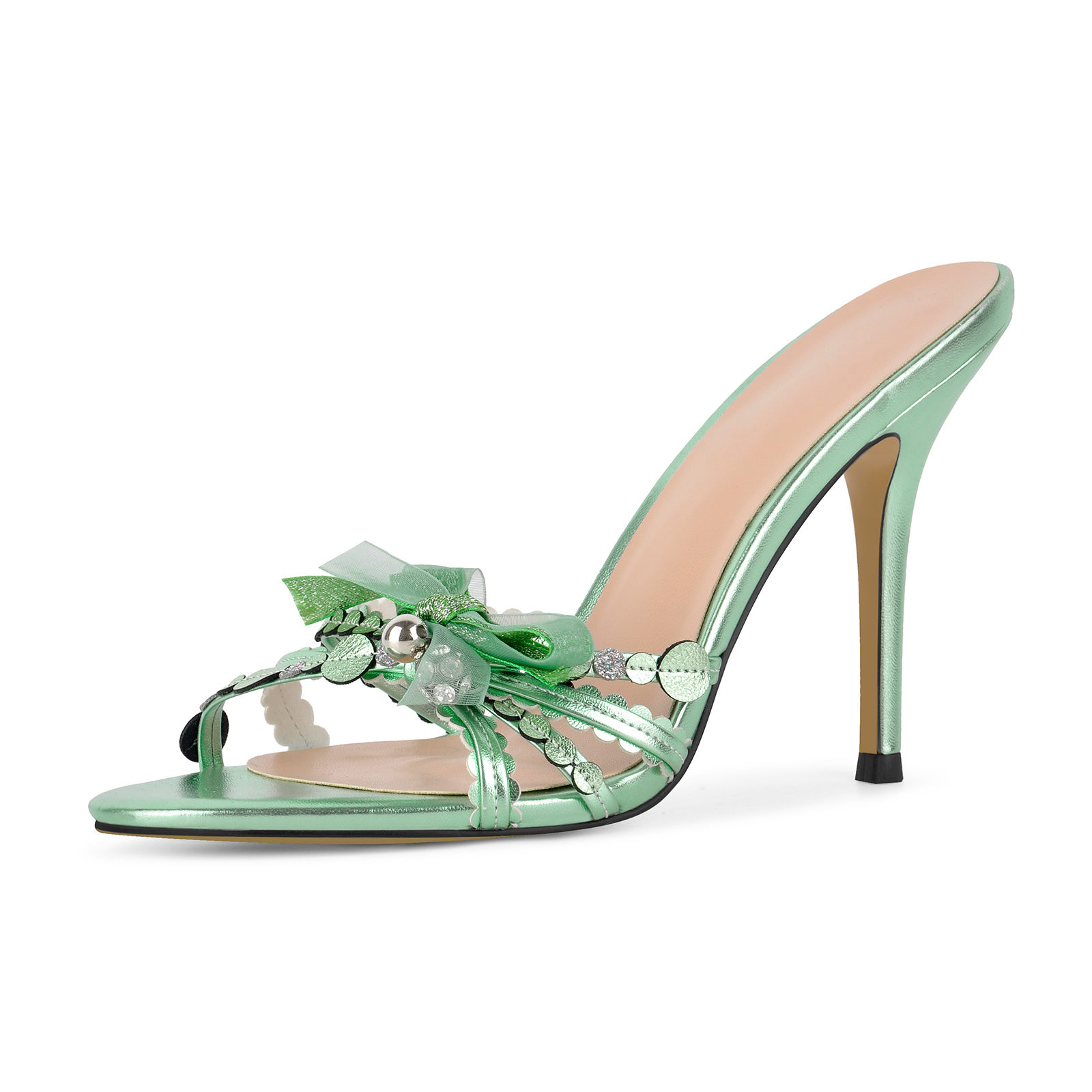 Round Toe Bow Rhinestone Mule Sandals