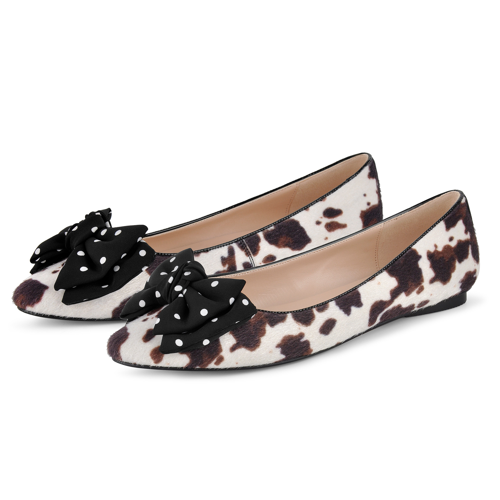 Cow Print Round Toe Polka Dot Bow Flats