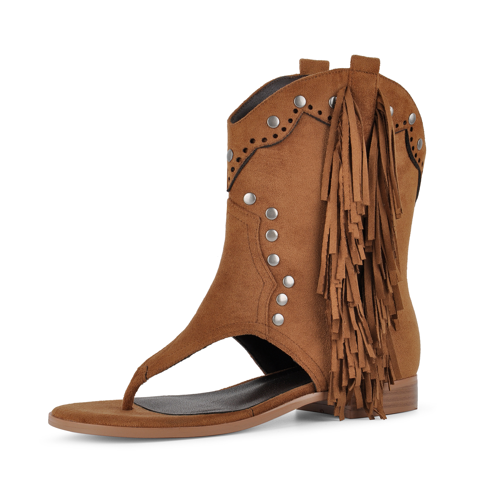 Suede Flip-Flop Fringe Flat Bootie Sandals