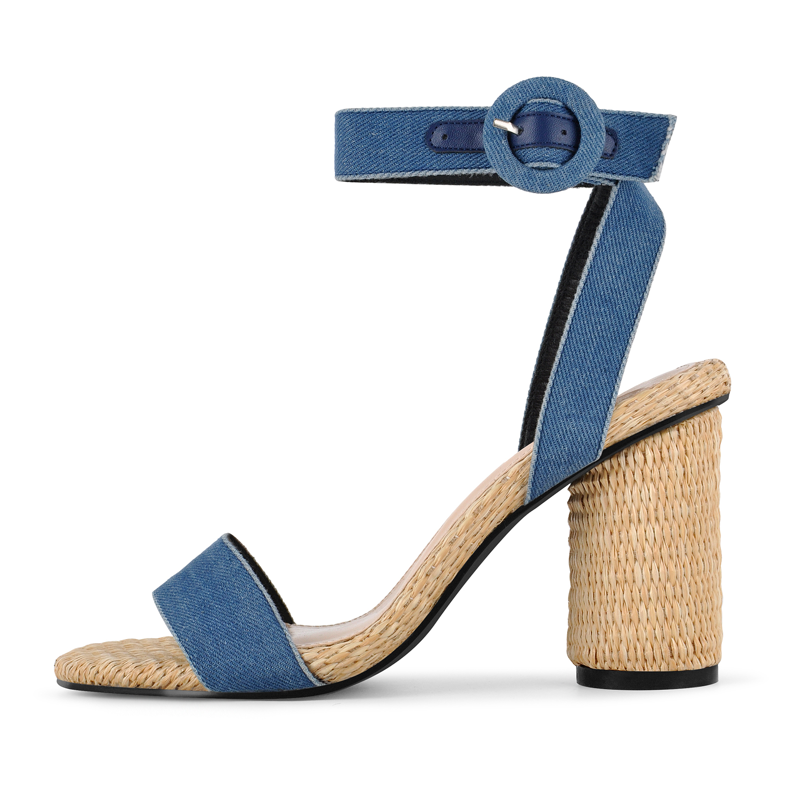Denim Ankle Strap Straw Round Heel Sandals