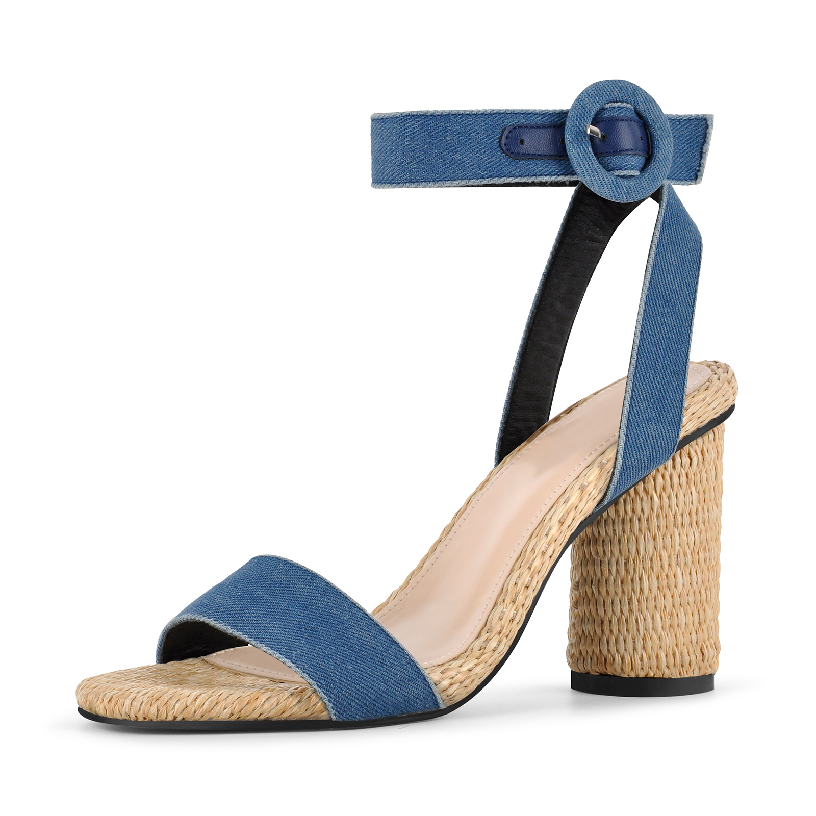 Denim Ankle Strap Straw Round Heel Sandals