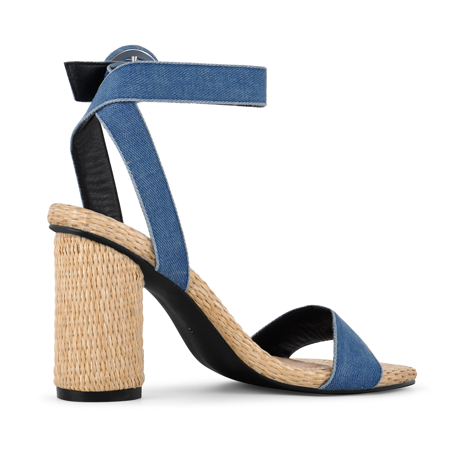 Denim Ankle Strap Straw Round Heel Sandals