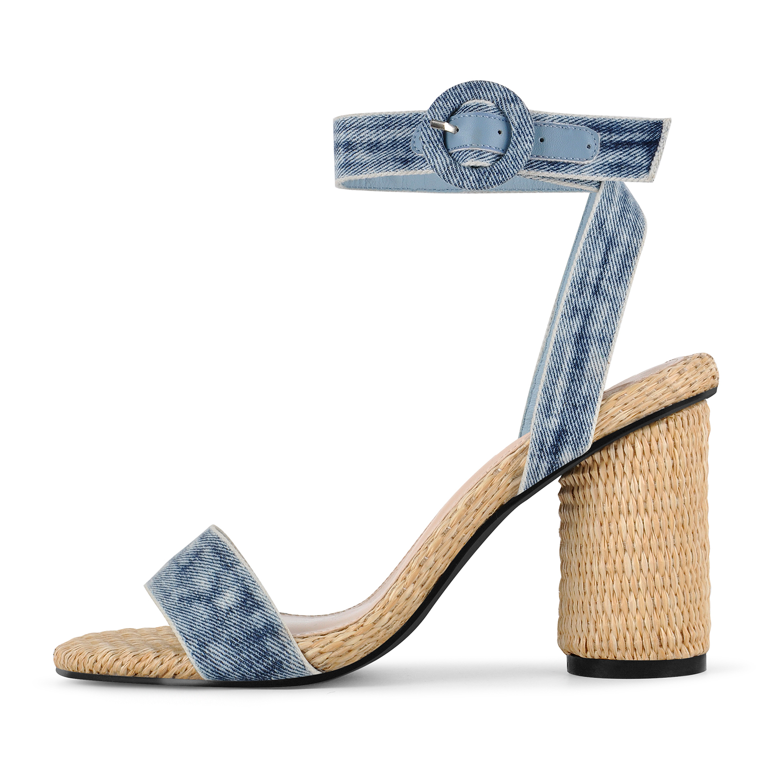Denim Ankle Strap Straw Round Heel Sandals
