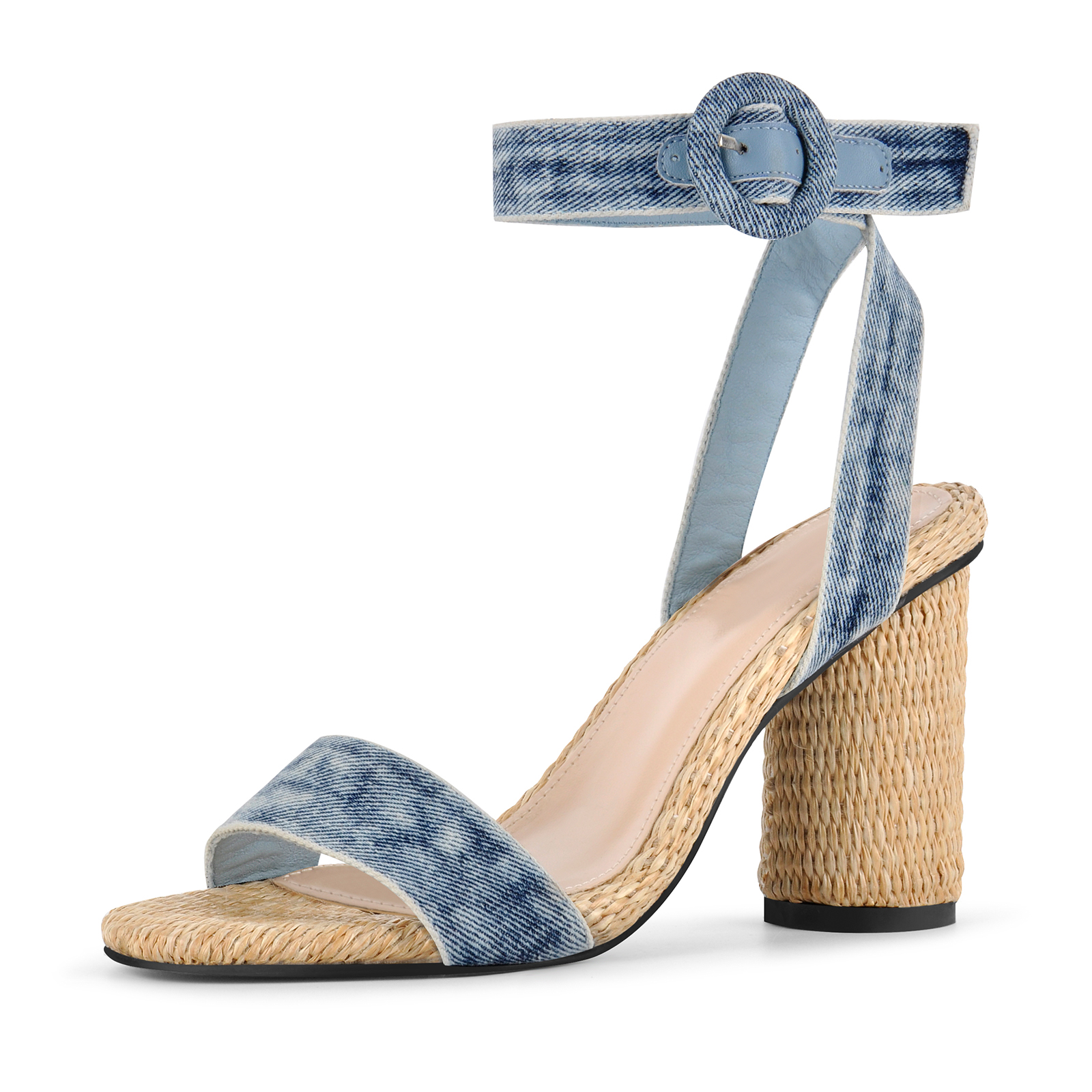Denim Ankle Strap Straw Round Heel Sandals