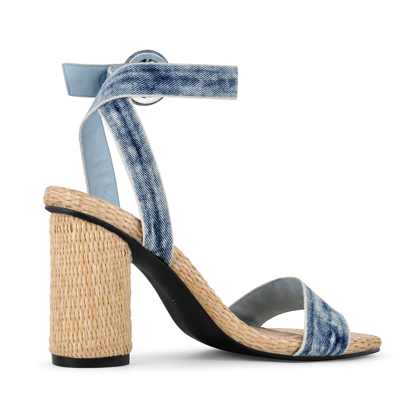 Denim Ankle Strap Straw Round Heel Sandals