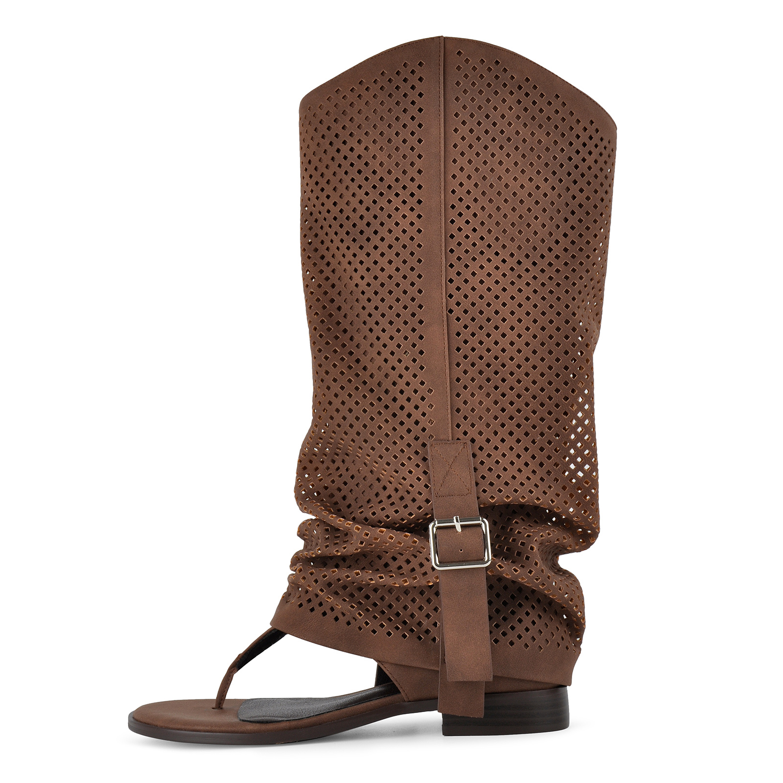 Flip-Flop Perforated Buckle Knee High Flat Boots