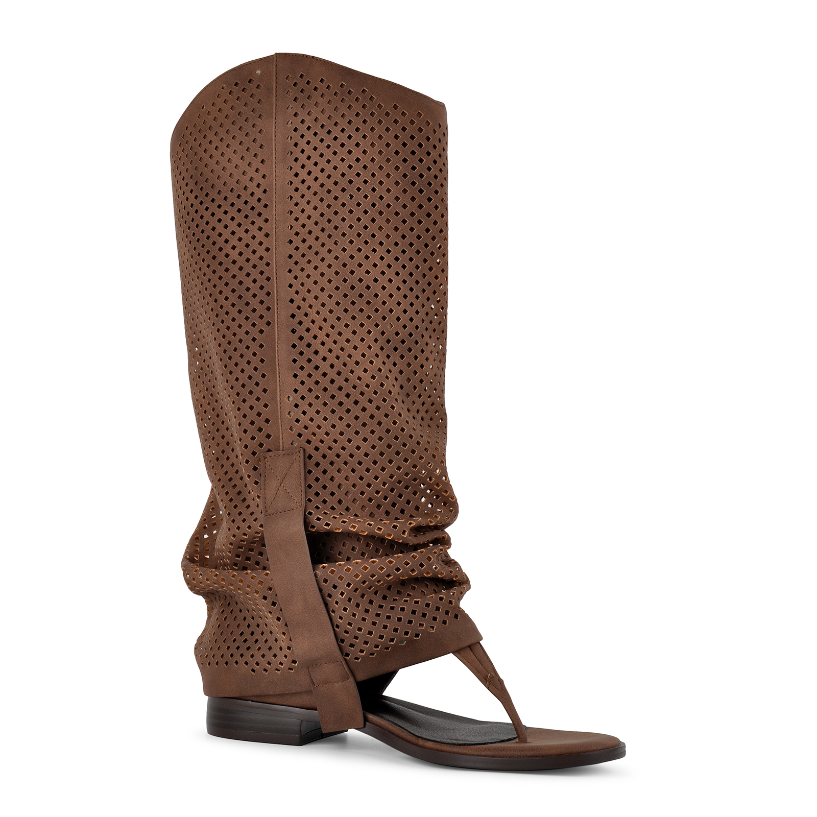 Flip-Flop Perforated Buckle Knee High Flat Boots