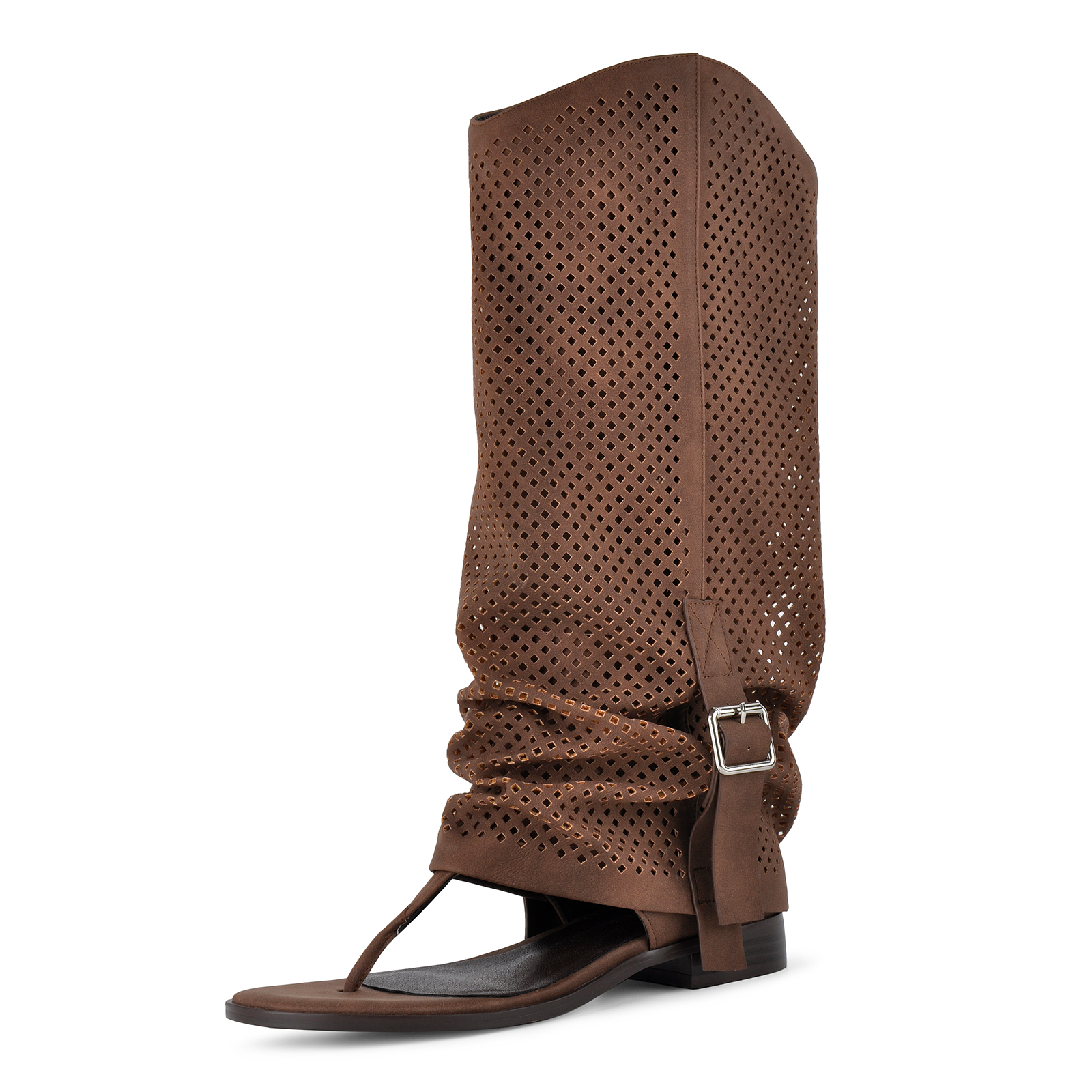 Flip-Flop Perforated Buckle Knee High Flat Boots