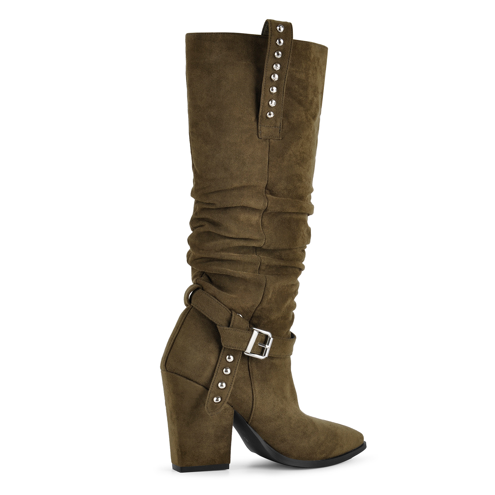 Suede Studded Buckle Slouchy Knee High Boots
