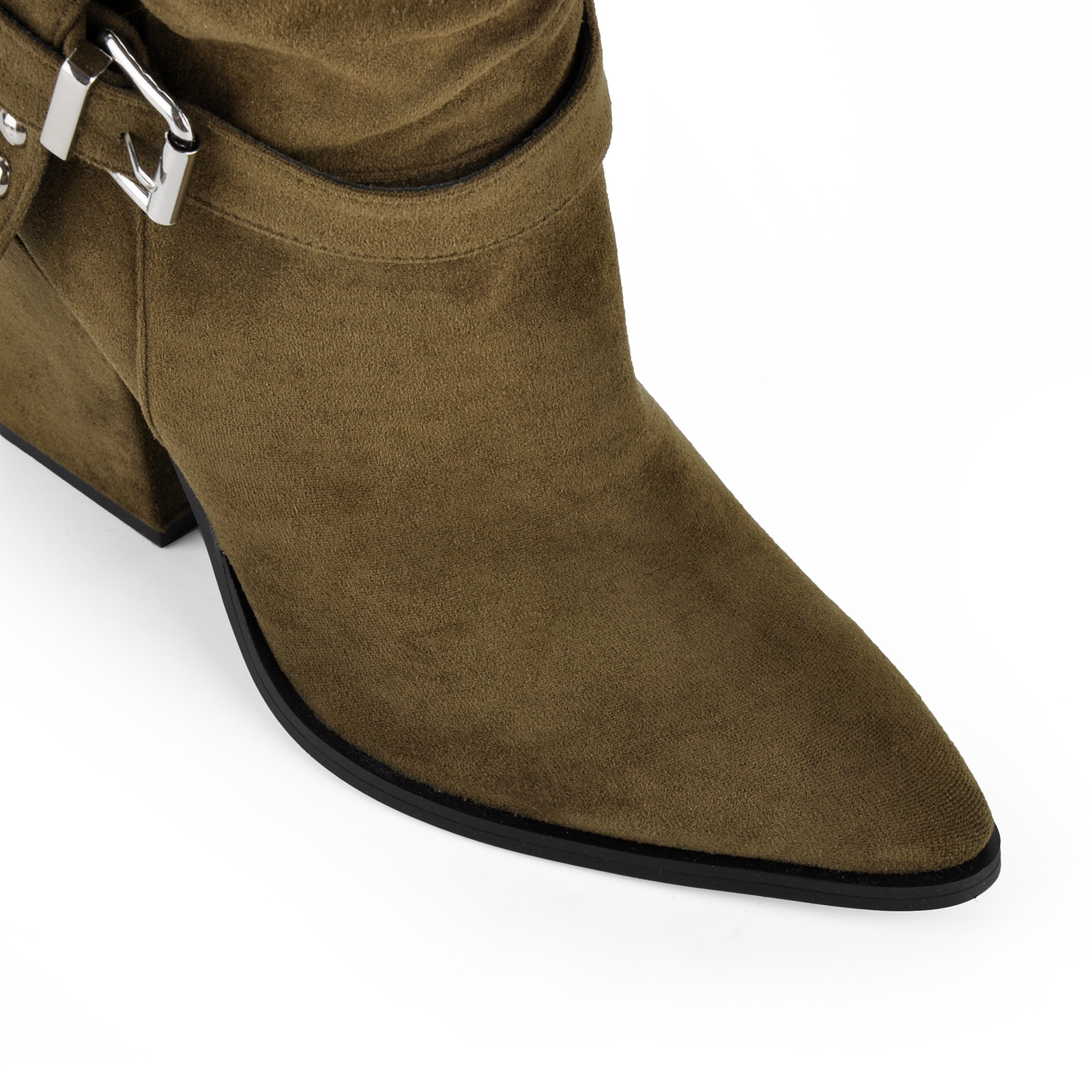 Suede Studded Buckle Slouchy Knee High Boots