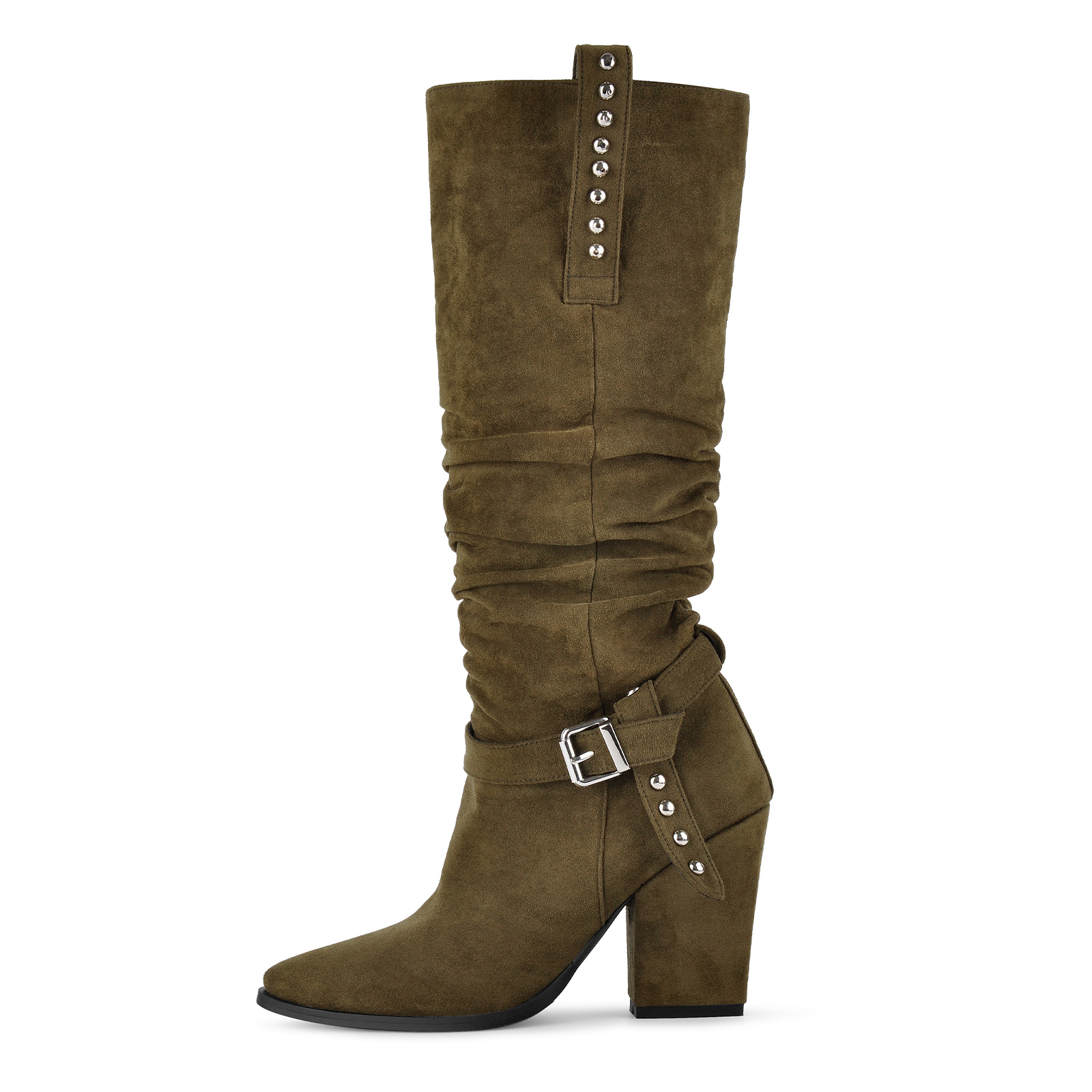 Suede Studded Buckle Slouchy Knee High Boots