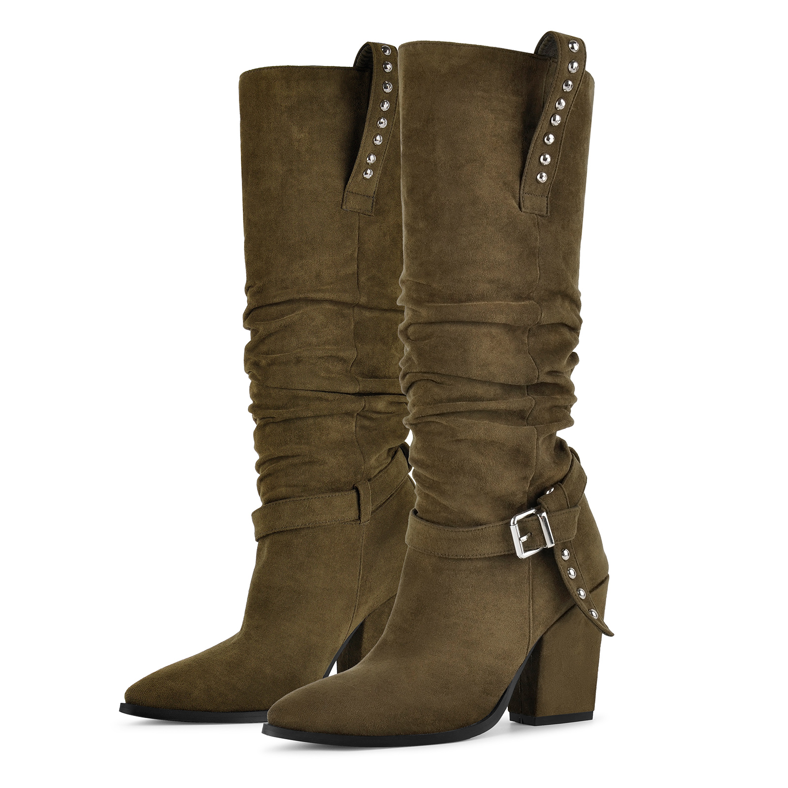 Suede Studded Buckle Slouchy Knee High Boots
