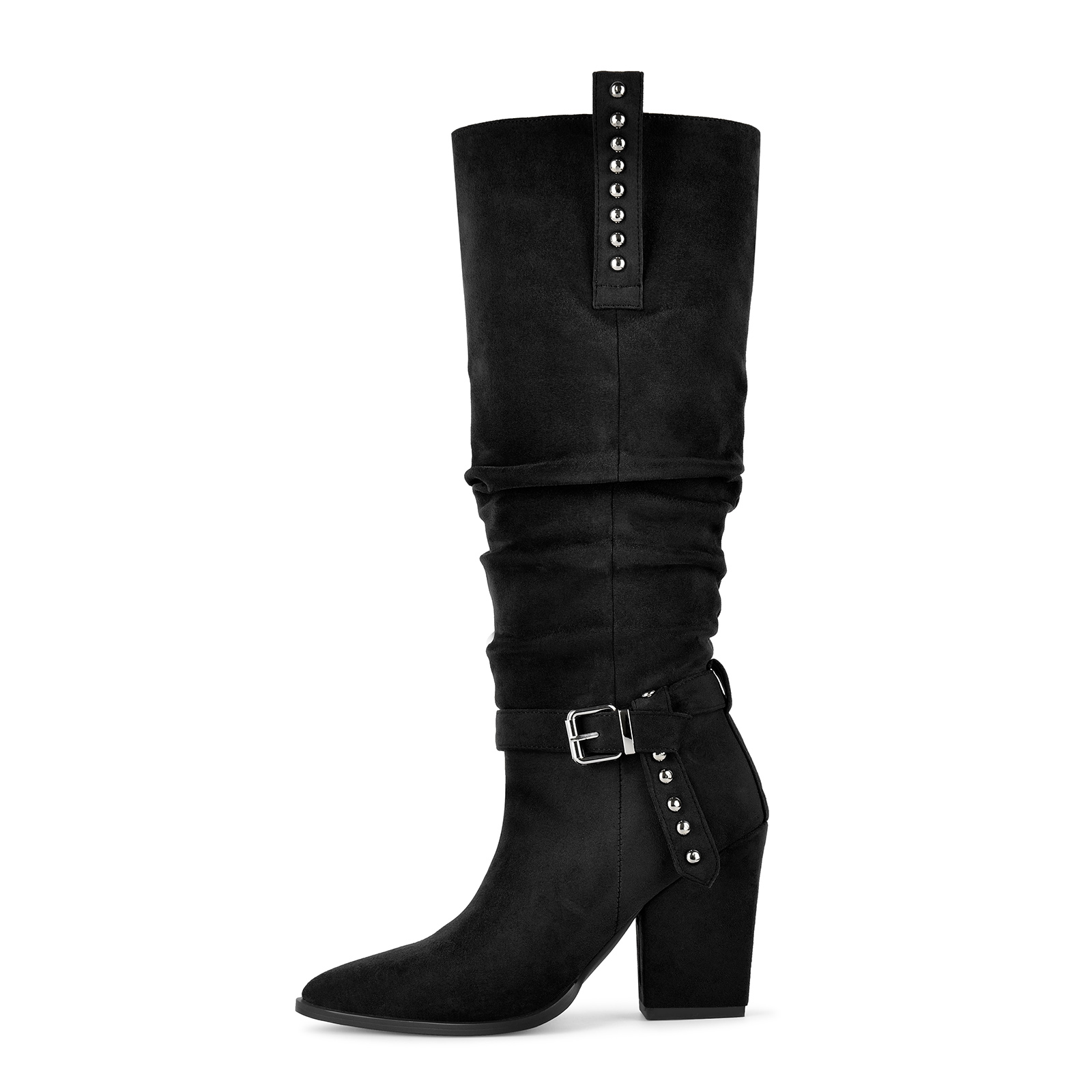 Suede Studded Buckle Knee High Western Boots