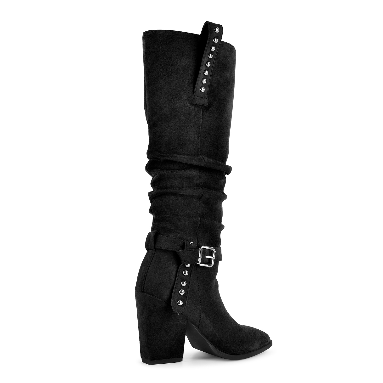 Suede Studded Buckle Knee High Western Boots