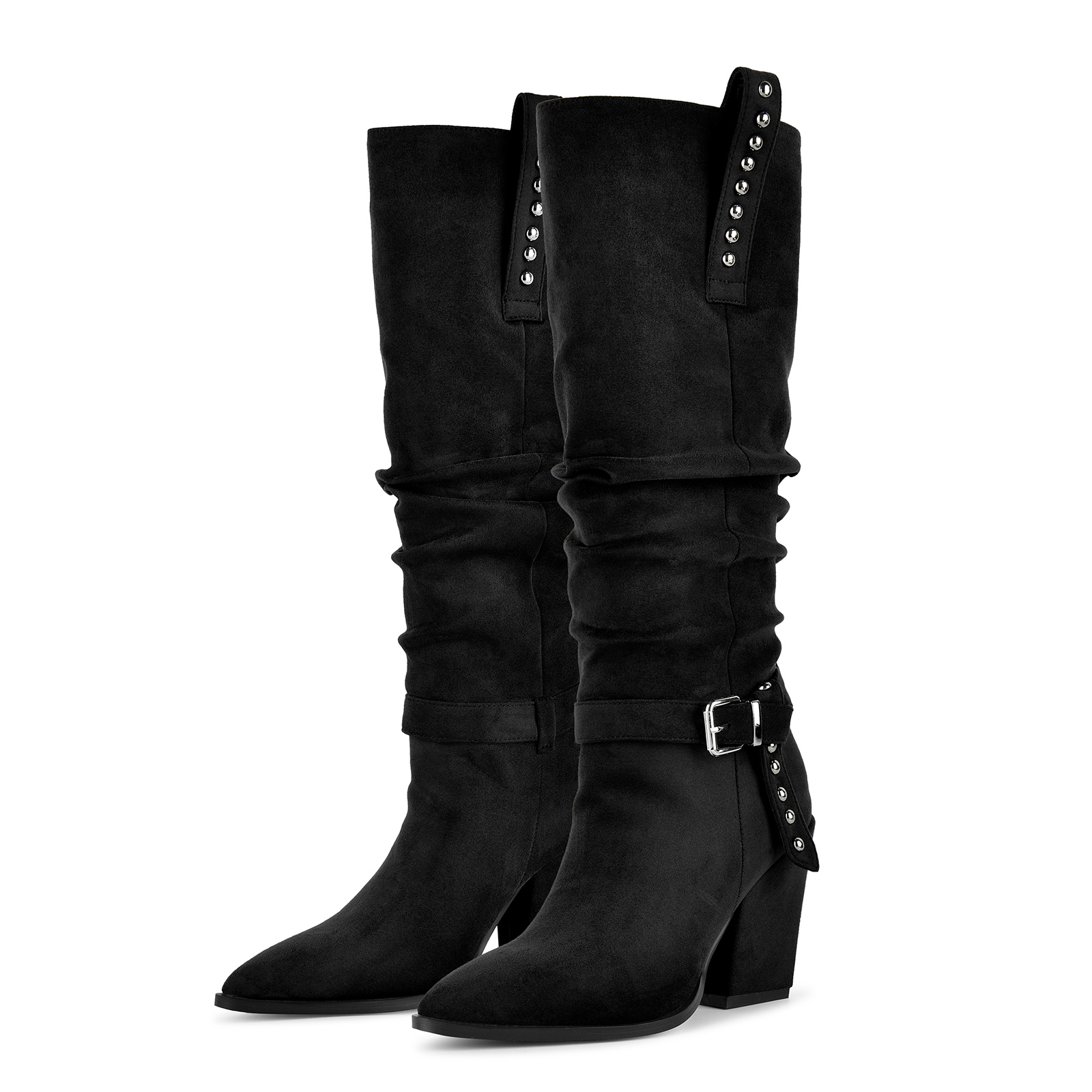 Suede Studded Buckle Knee High Western Boots