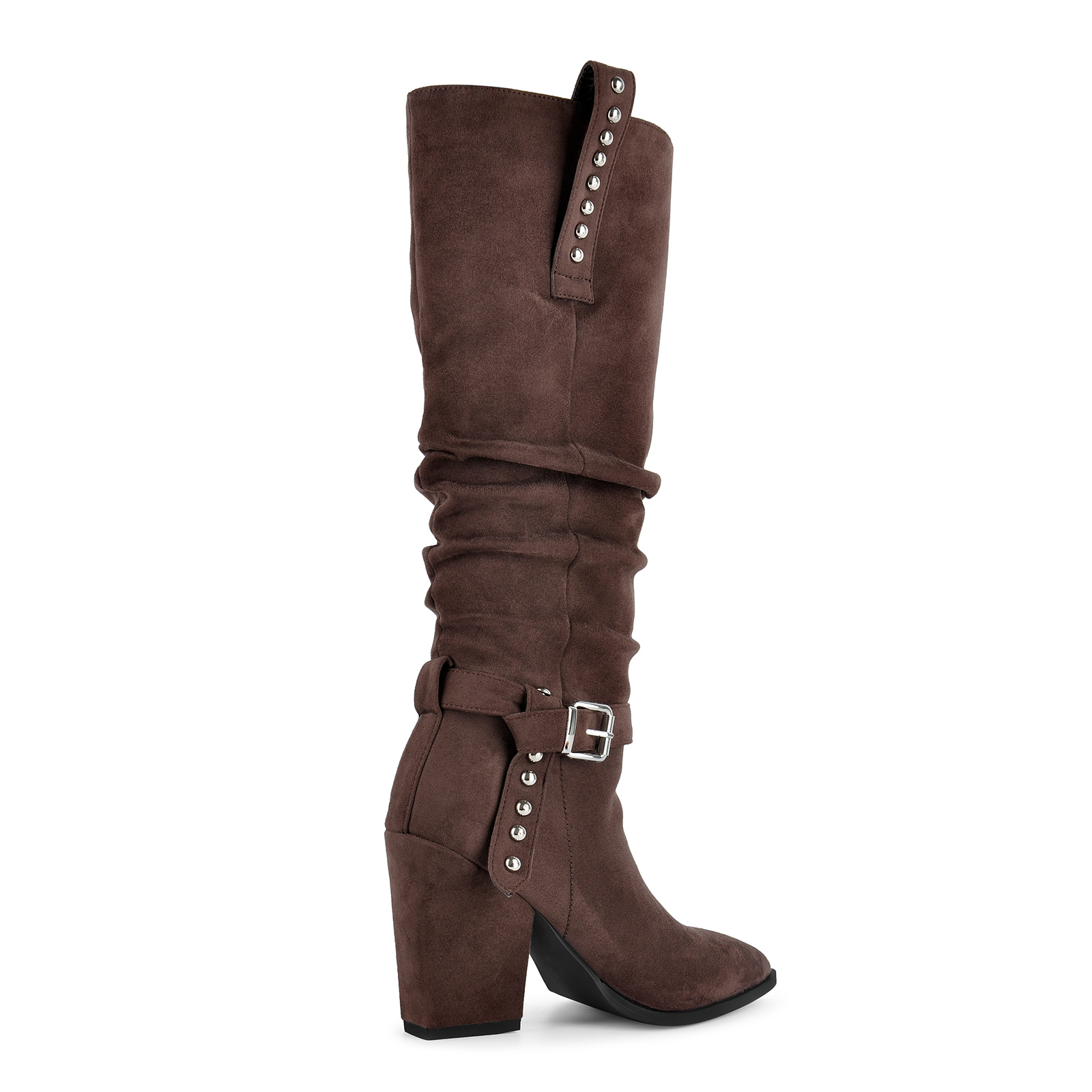 Suede Studded Buckle Knee High Western Boots