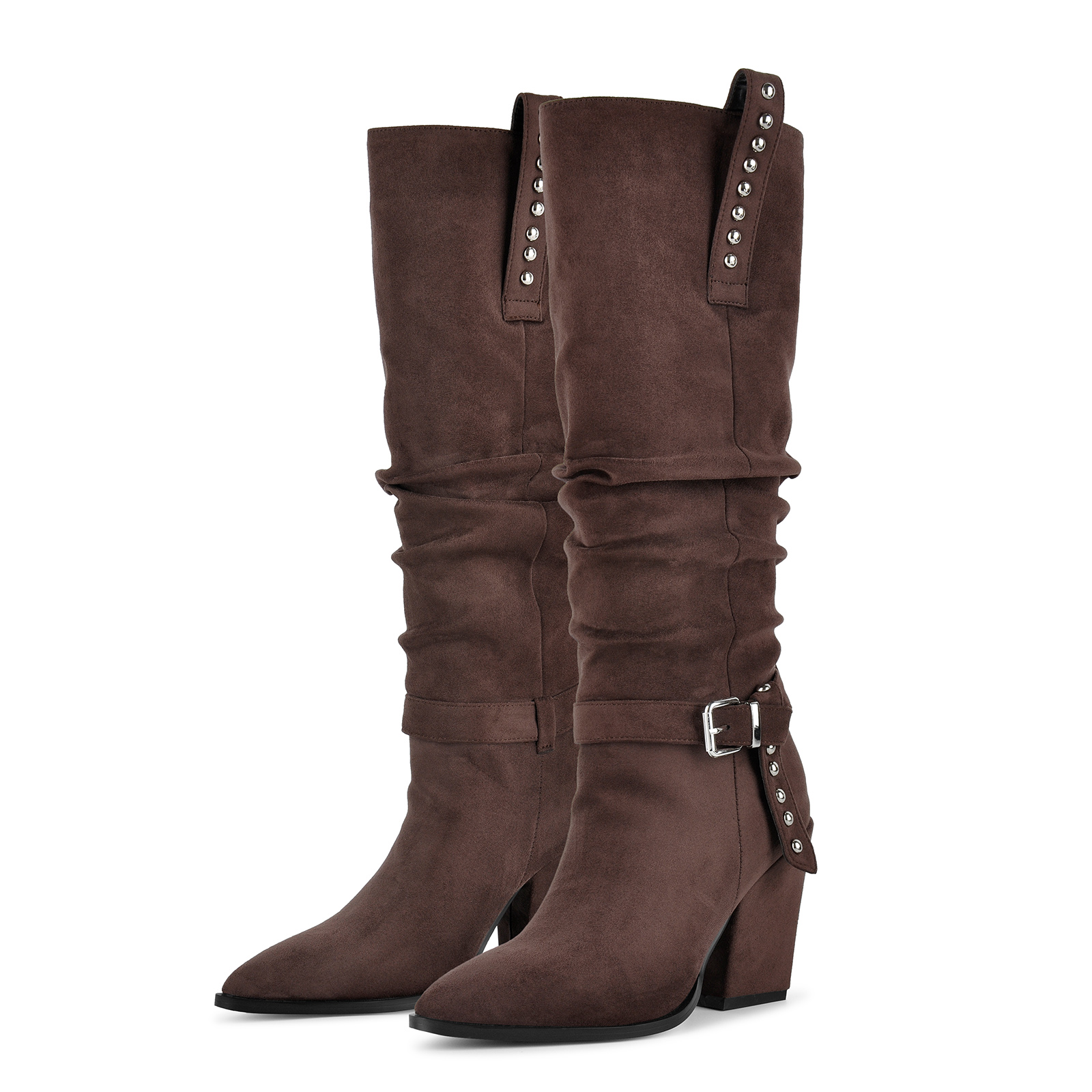Suede Studded Buckle Knee High Western Boots