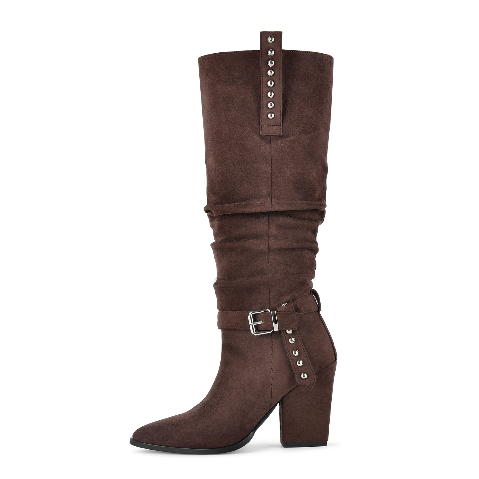 Suede Studded Buckle Knee High Western Boots