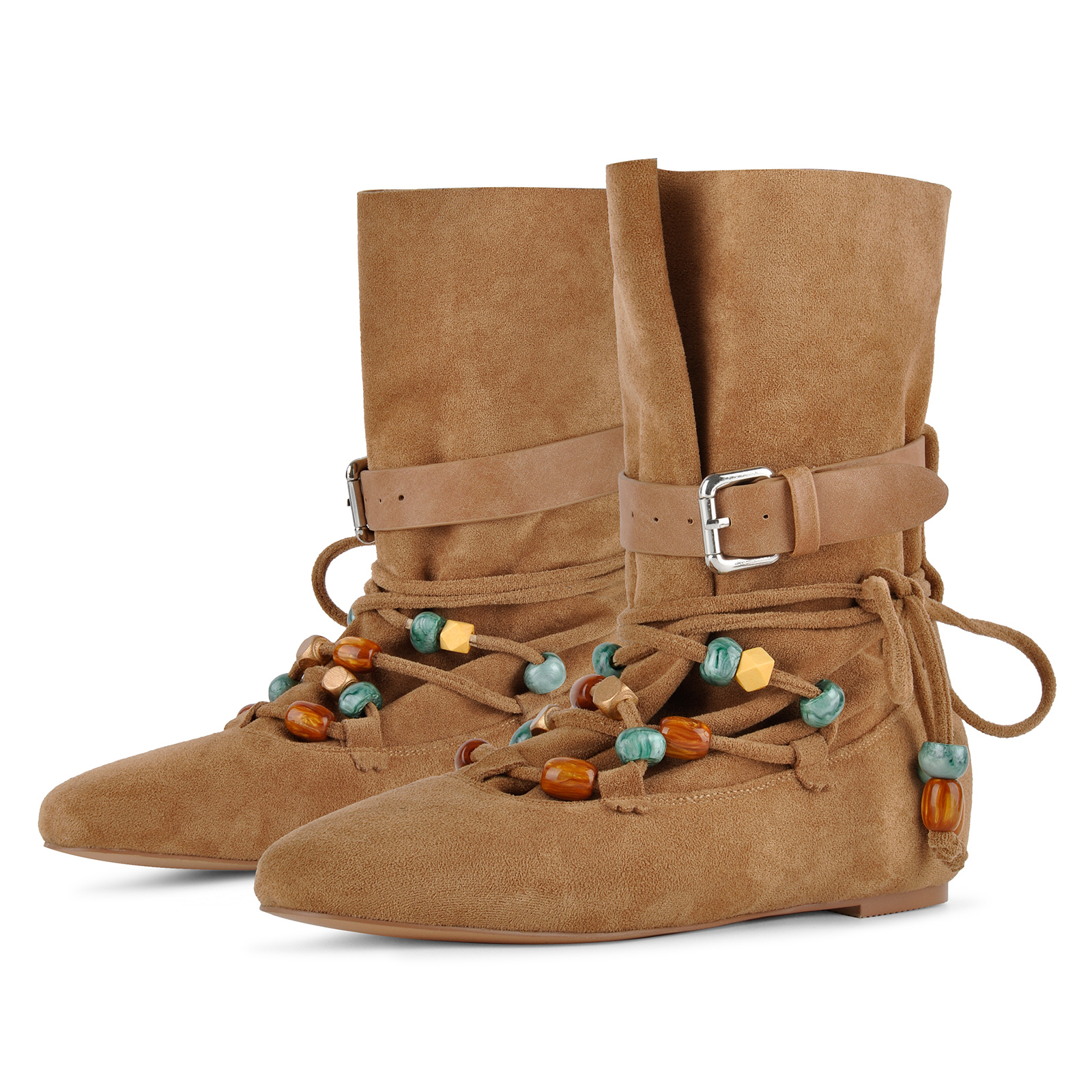 Suede Beaded Lace-up Buckle Flat Ankle Boots