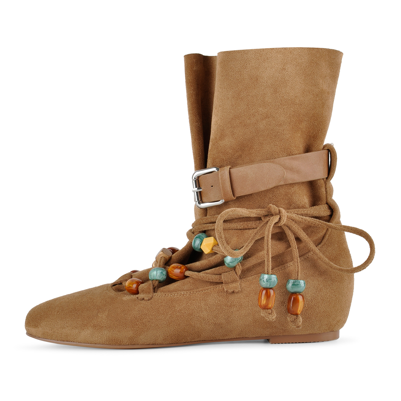 Suede Beaded Lace-up Buckle Flat Ankle Boots