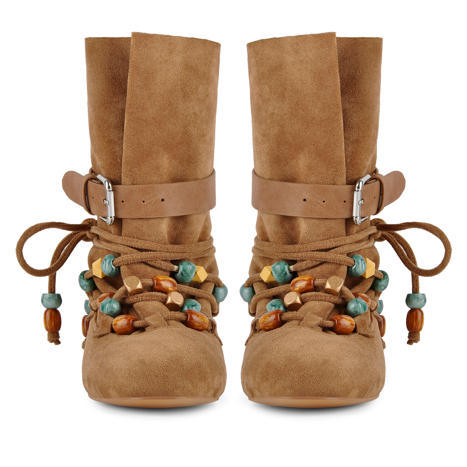 Suede Beaded Lace-up Buckle Flat Ankle Boots