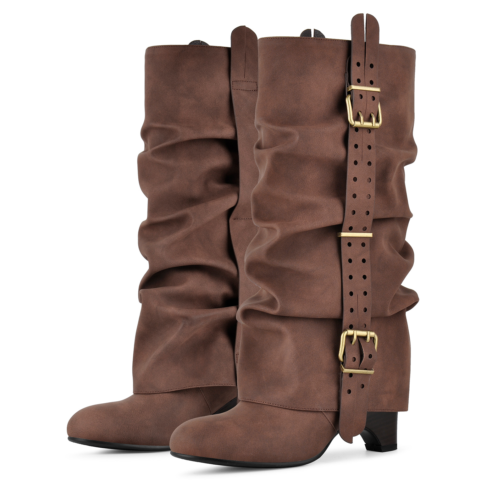 Round Toe Ruched Buckle Strap Knee High Boots