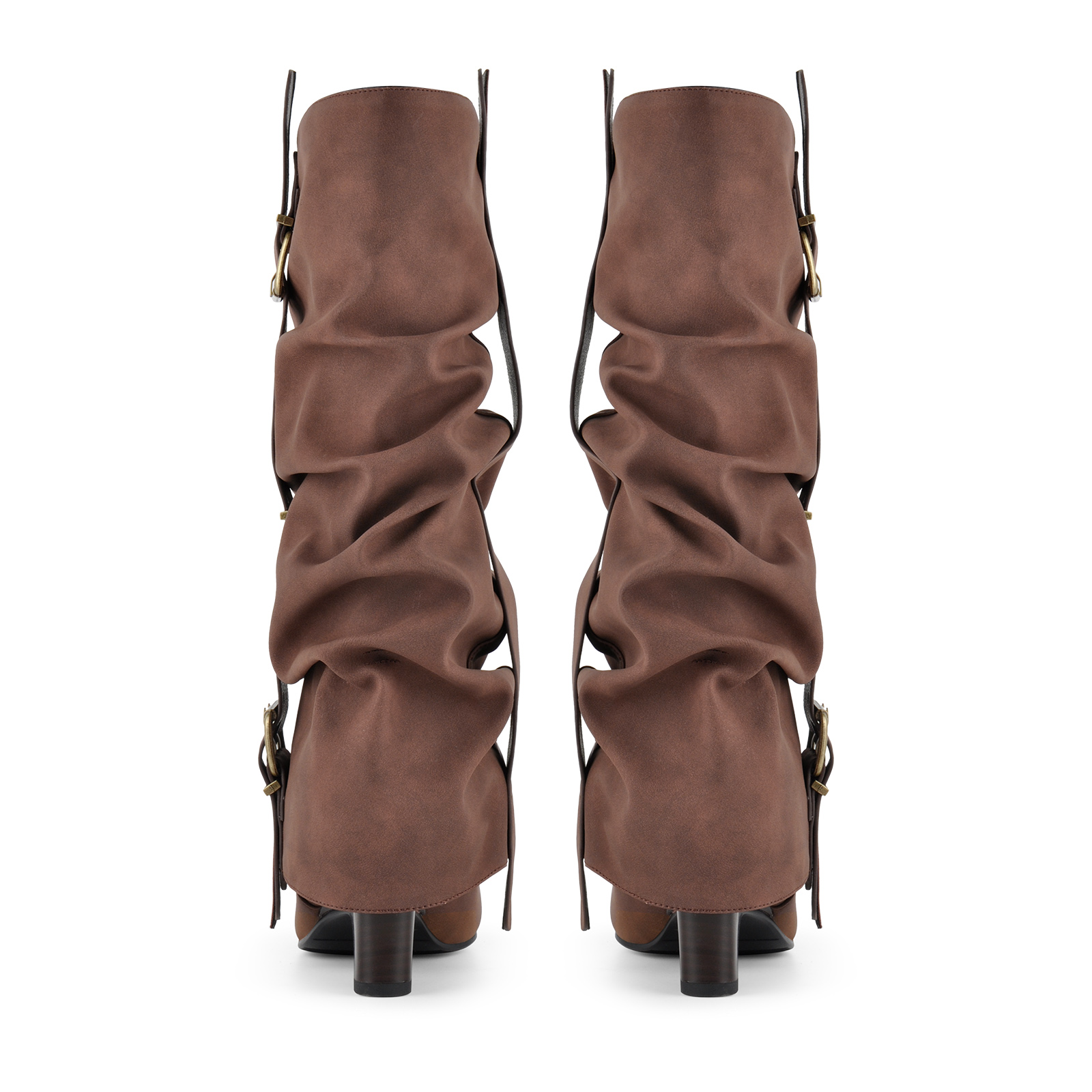 Round Toe Ruched Buckle Strap Knee High Boots
