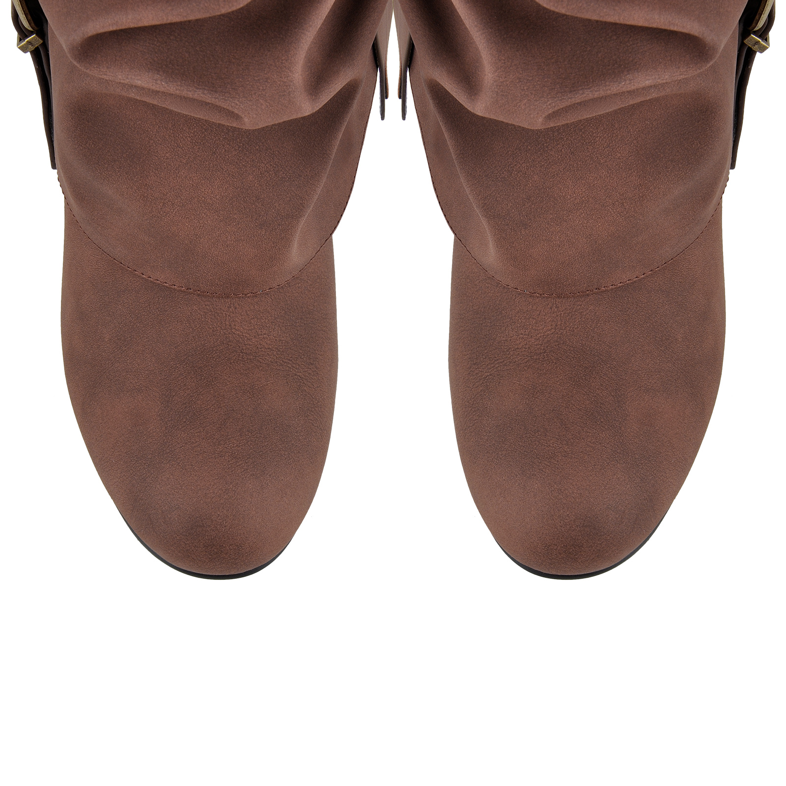 Round Toe Ruched Buckle Strap Knee High Boots