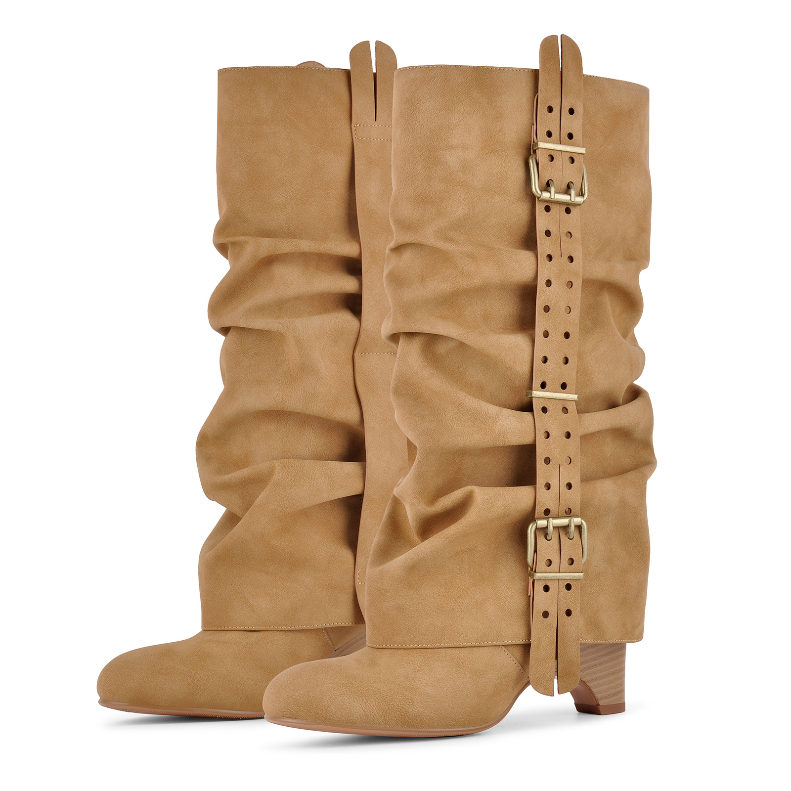 Round Toe Ruched Buckle Strap Knee High Boots