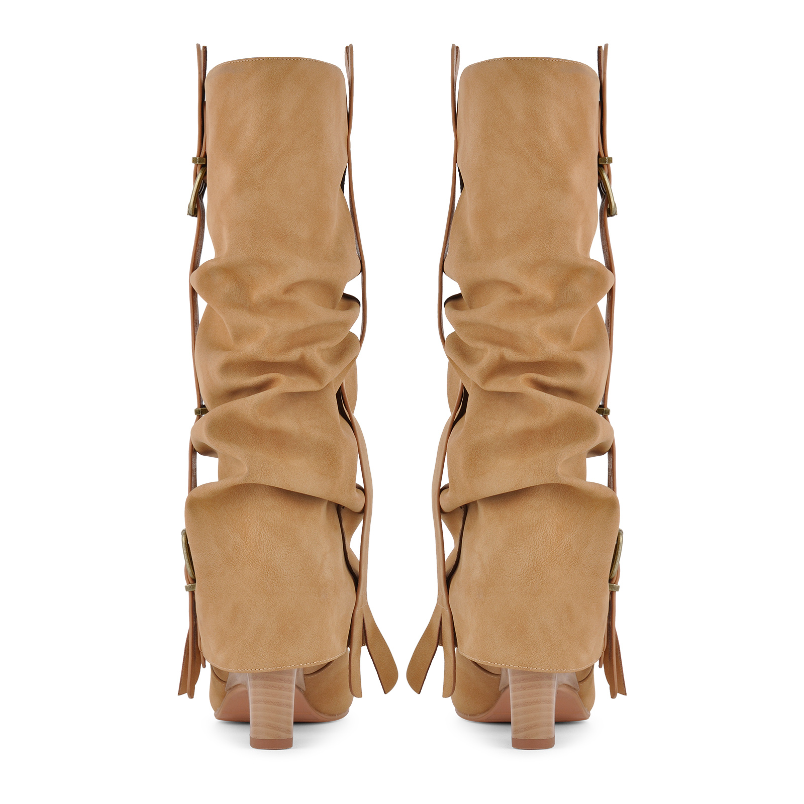Round Toe Ruched Buckle Strap Knee High Boots