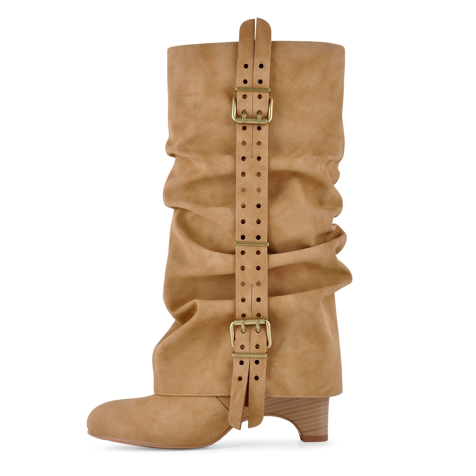 Round Toe Ruched Buckle Strap Knee High Boots