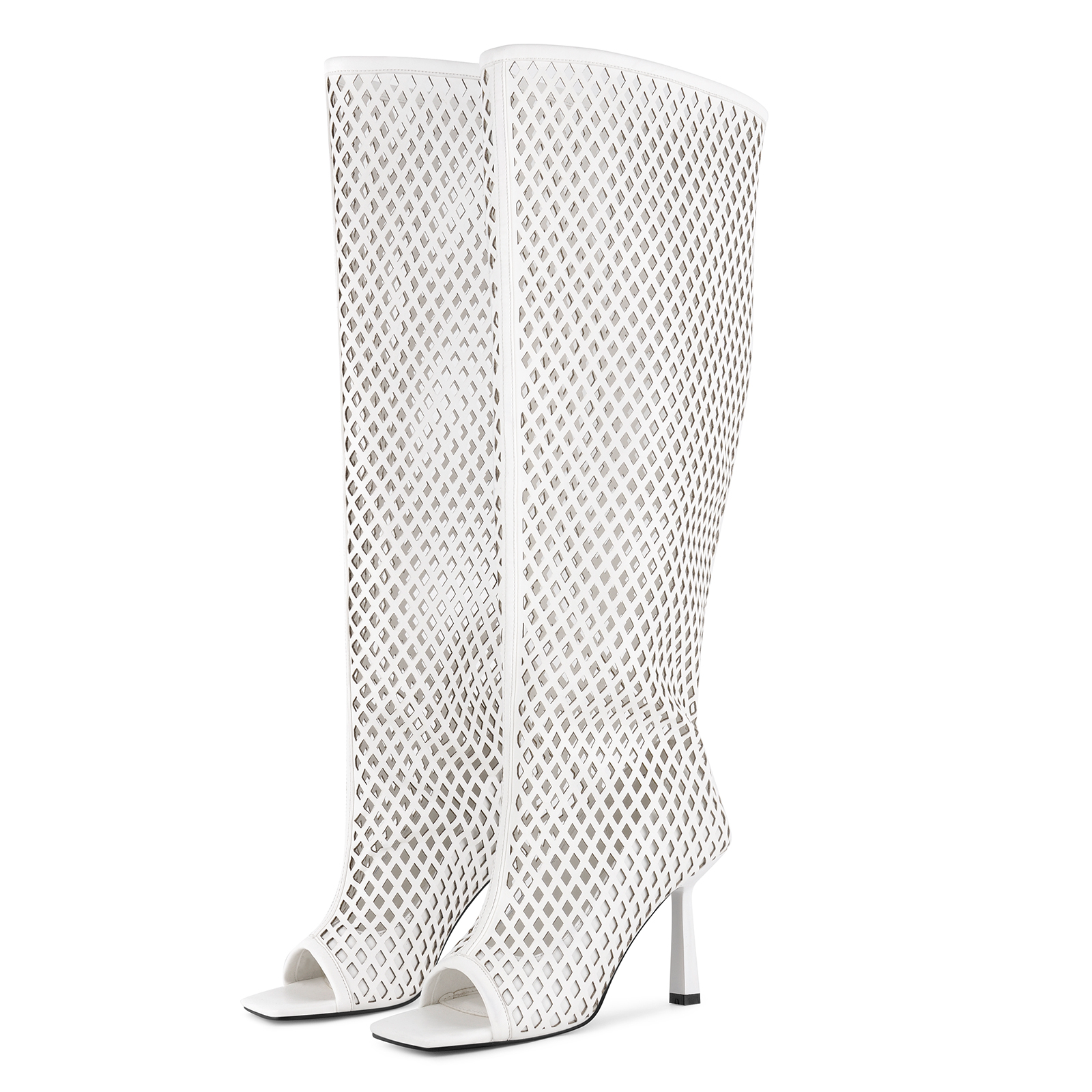 Open Toe Cutout Diamond Grid Thigh High Boots