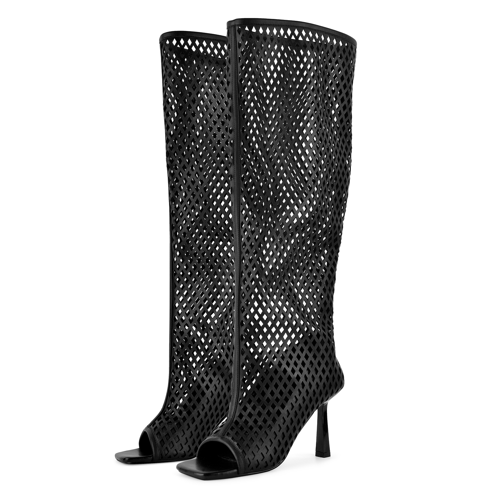Open Toe Cutout Diamond Grid Thigh High Boots
