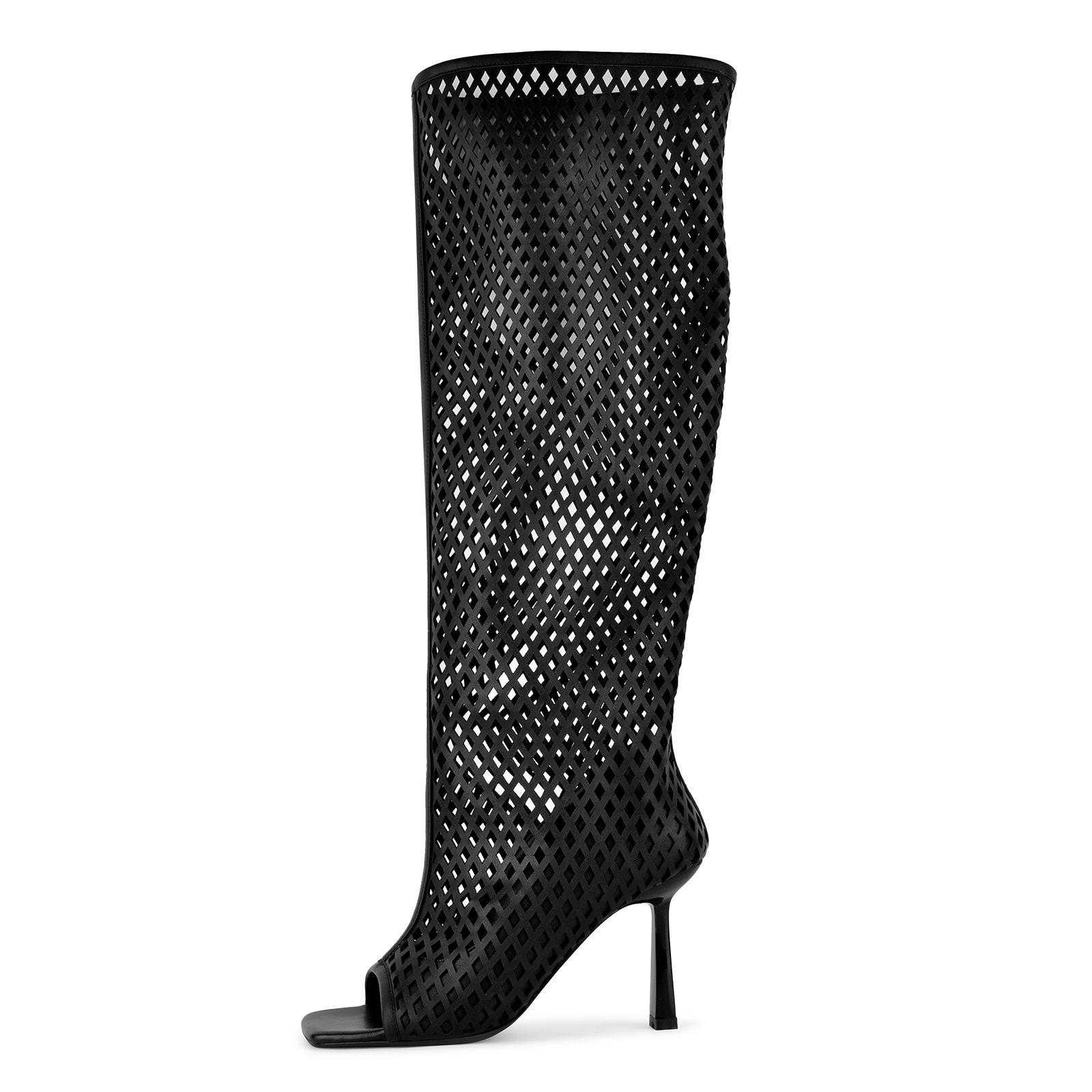 Open Toe Cutout Diamond Grid Thigh High Boots