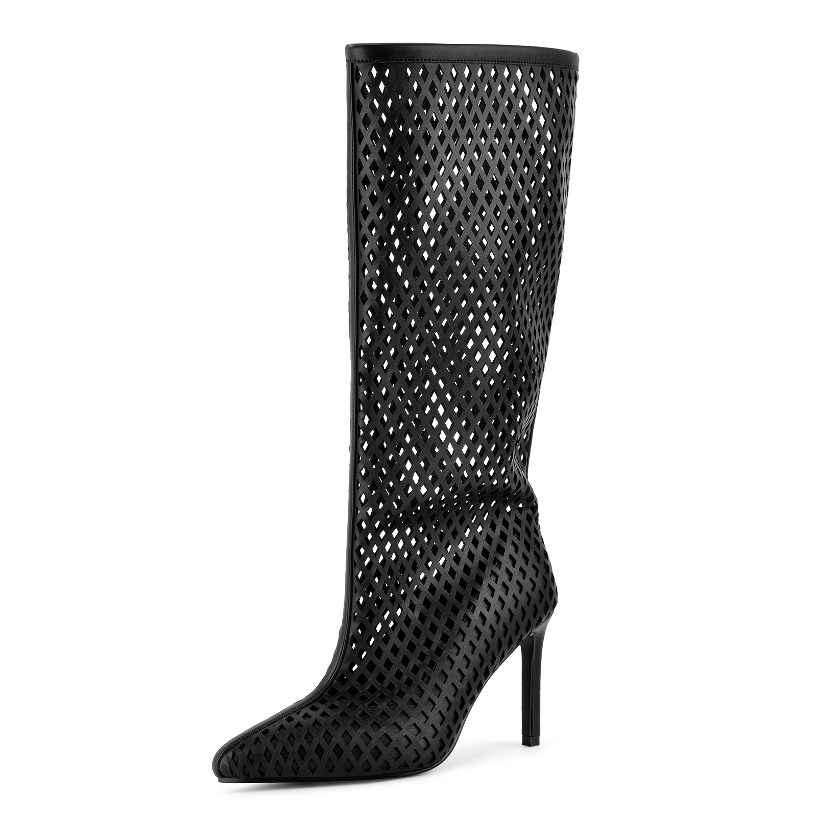 Pointed Toe Cutout Diamond Grid Knee High Boots