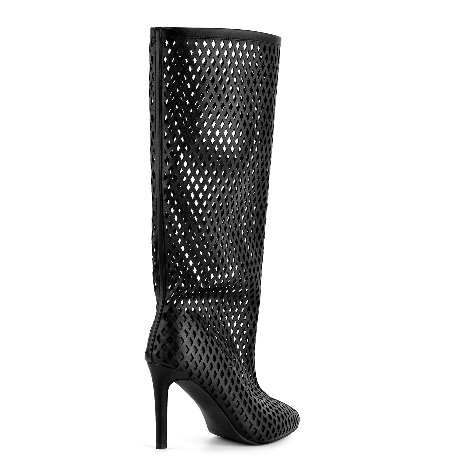 Pointed Toe Cutout Diamond Grid Knee High Boots