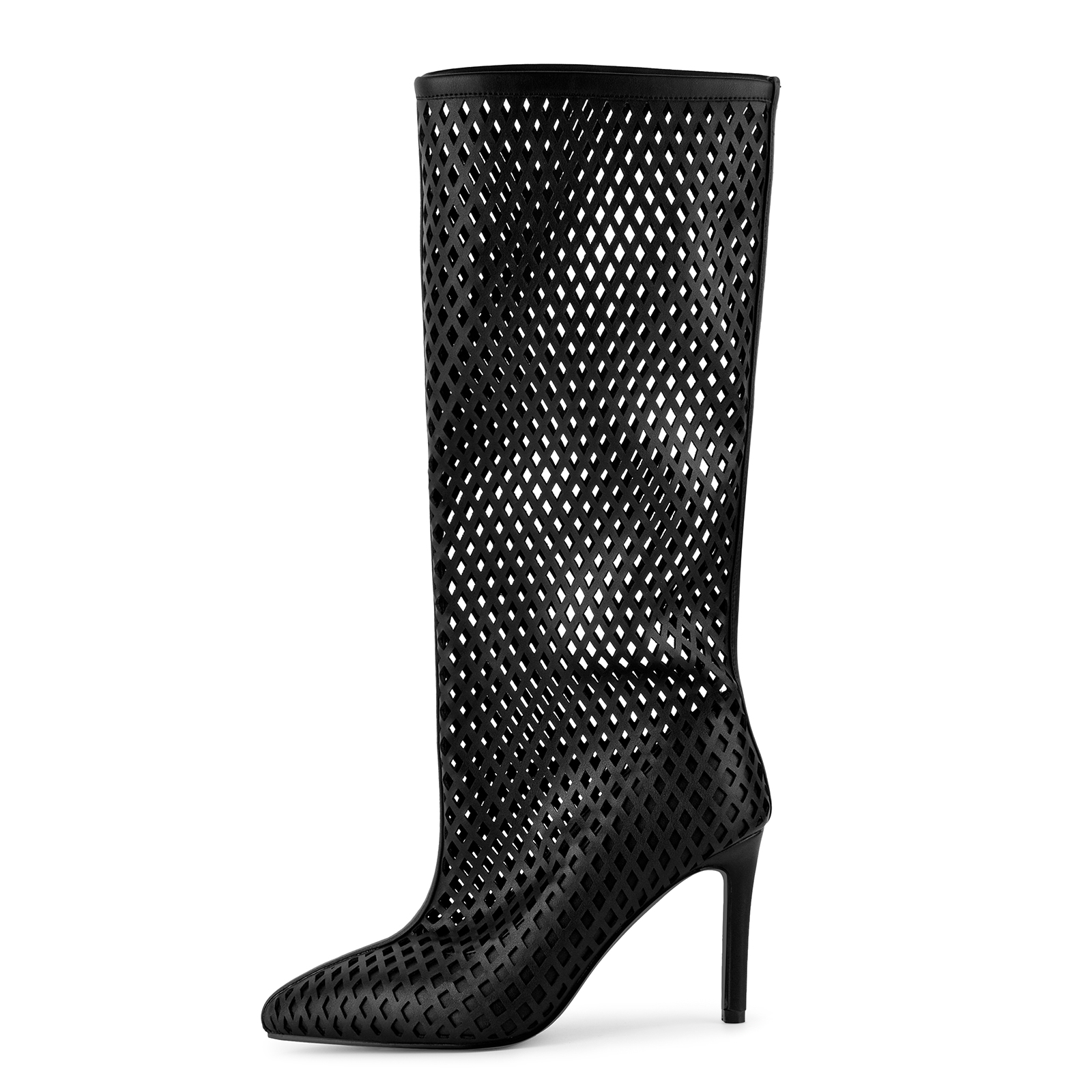 Pointed Toe Cutout Diamond Grid Knee High Boots