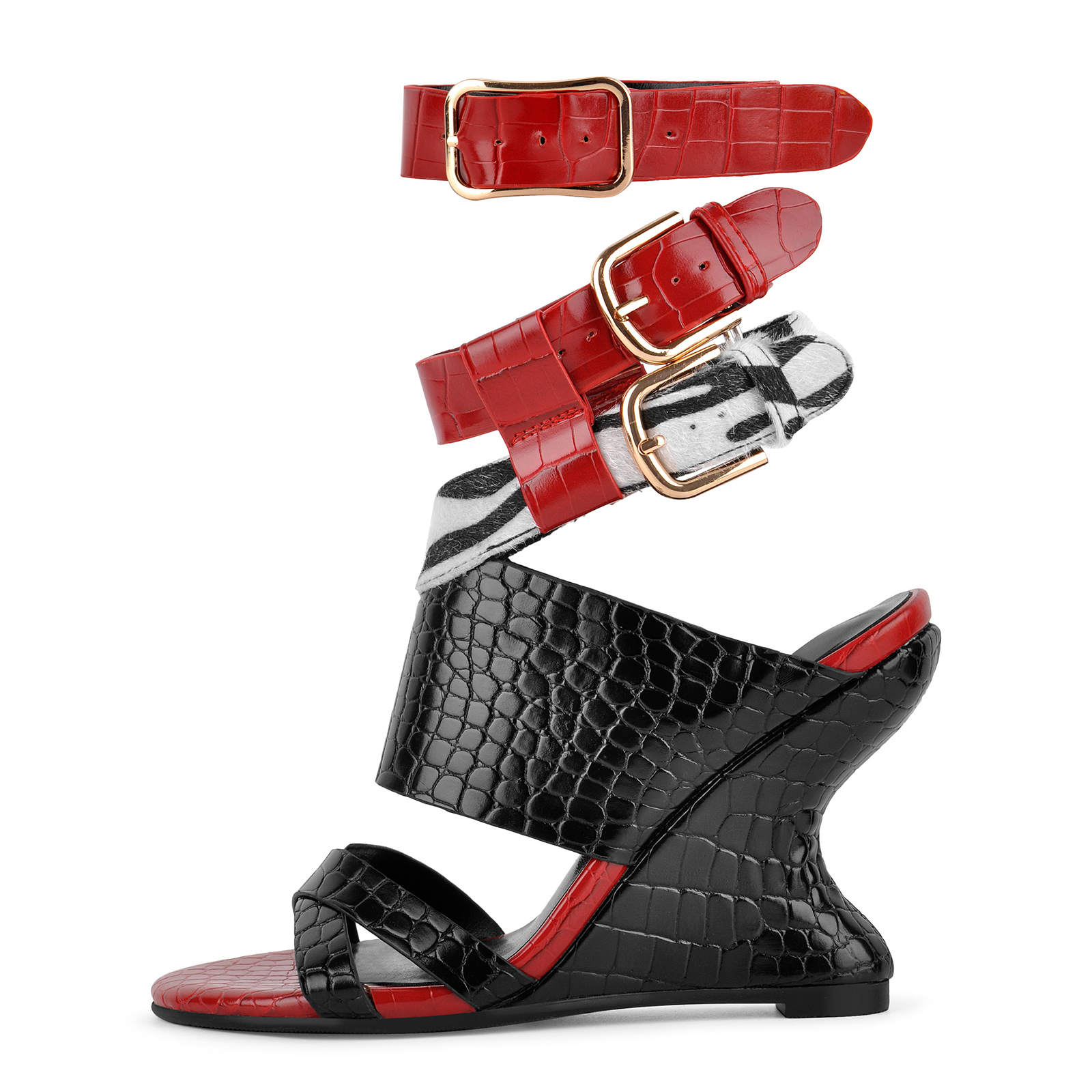 Round Toe Stone Buckle Straps Wedge Heel Sandals