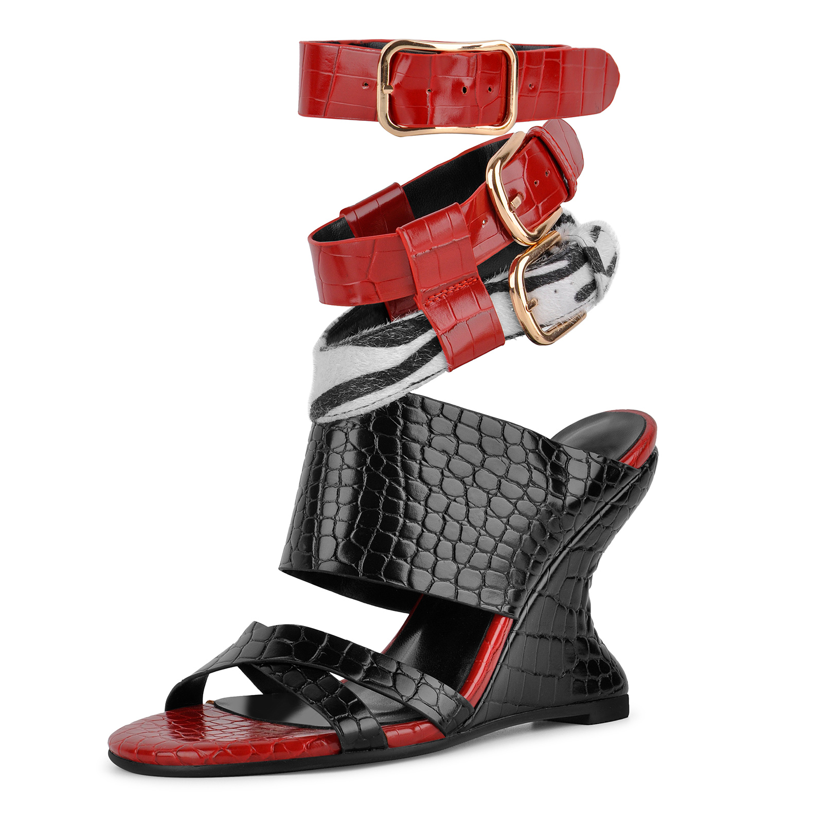 Round Toe Stone Buckle Straps Wedge Heel Sandals