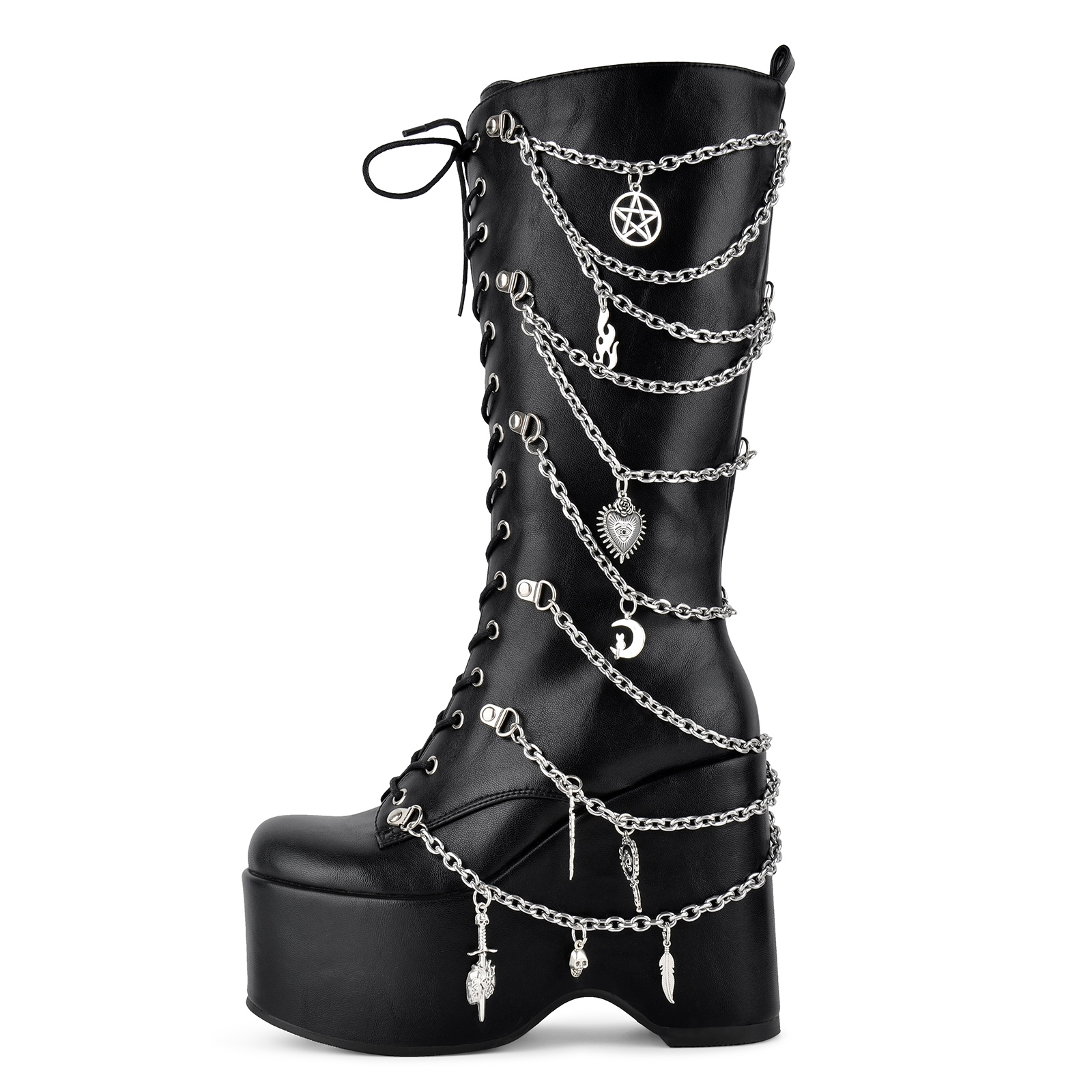 Platform Chain Charms Lace-up Wedge Knee High Boots