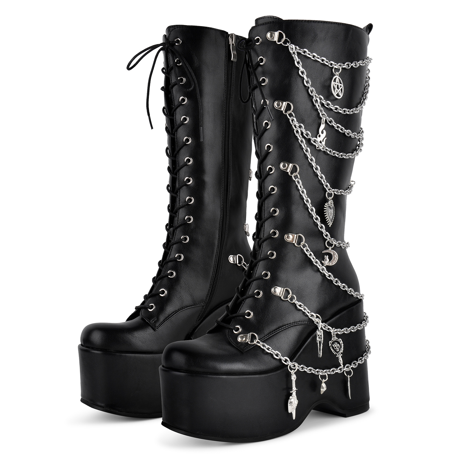 Platform Chain Charms Lace-up Wedge Knee High Boots
