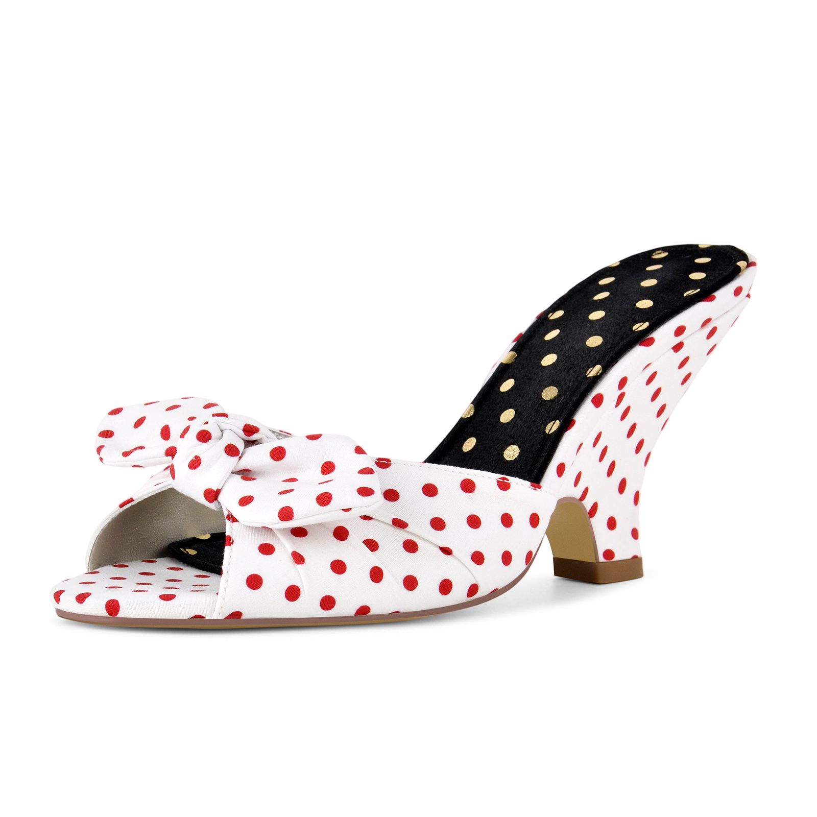 Polka Dot Bow Wedge Heel Canvas Mules