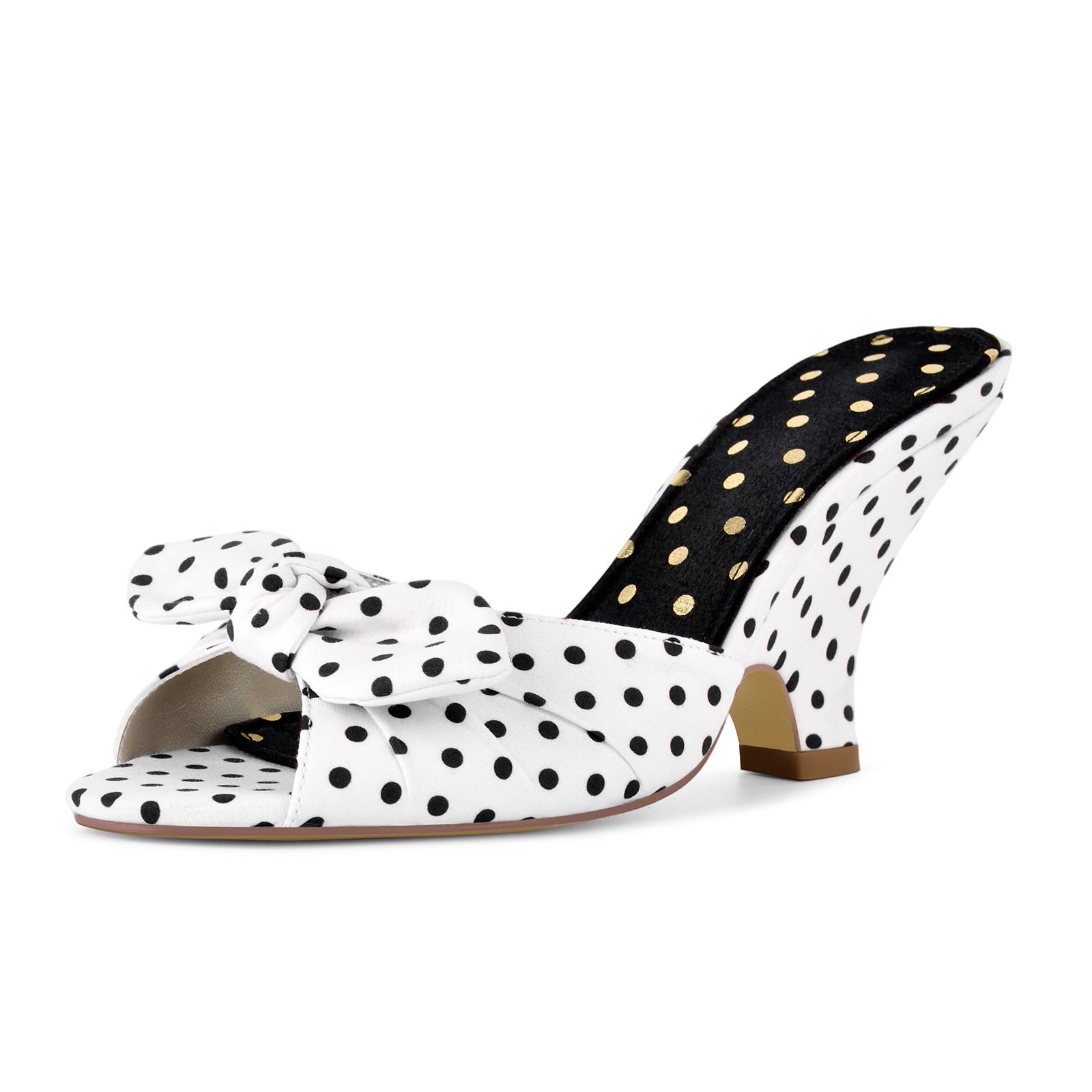 Polka Dot Bow Wedge Heel Canvas Mules